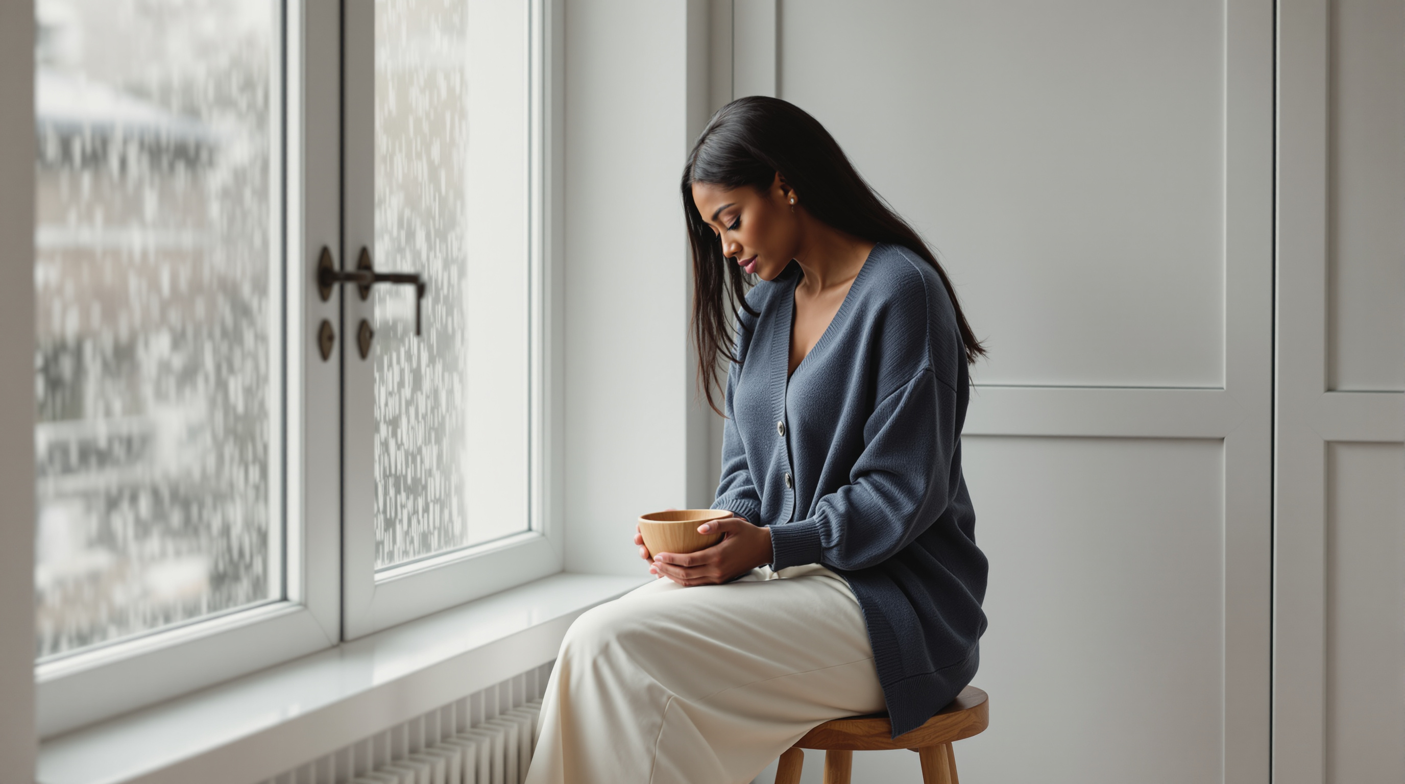 A woman sits on a stool beside a kitchen window with a wooden bowl