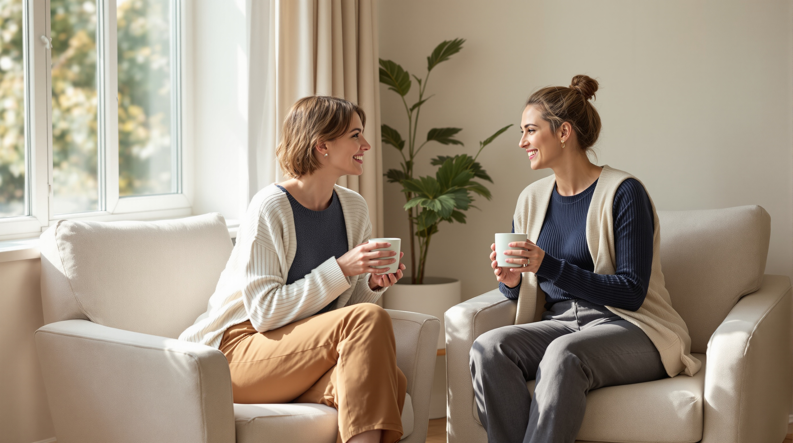 Two friends in full-length knitwear talk in armchairs by a sunlit window