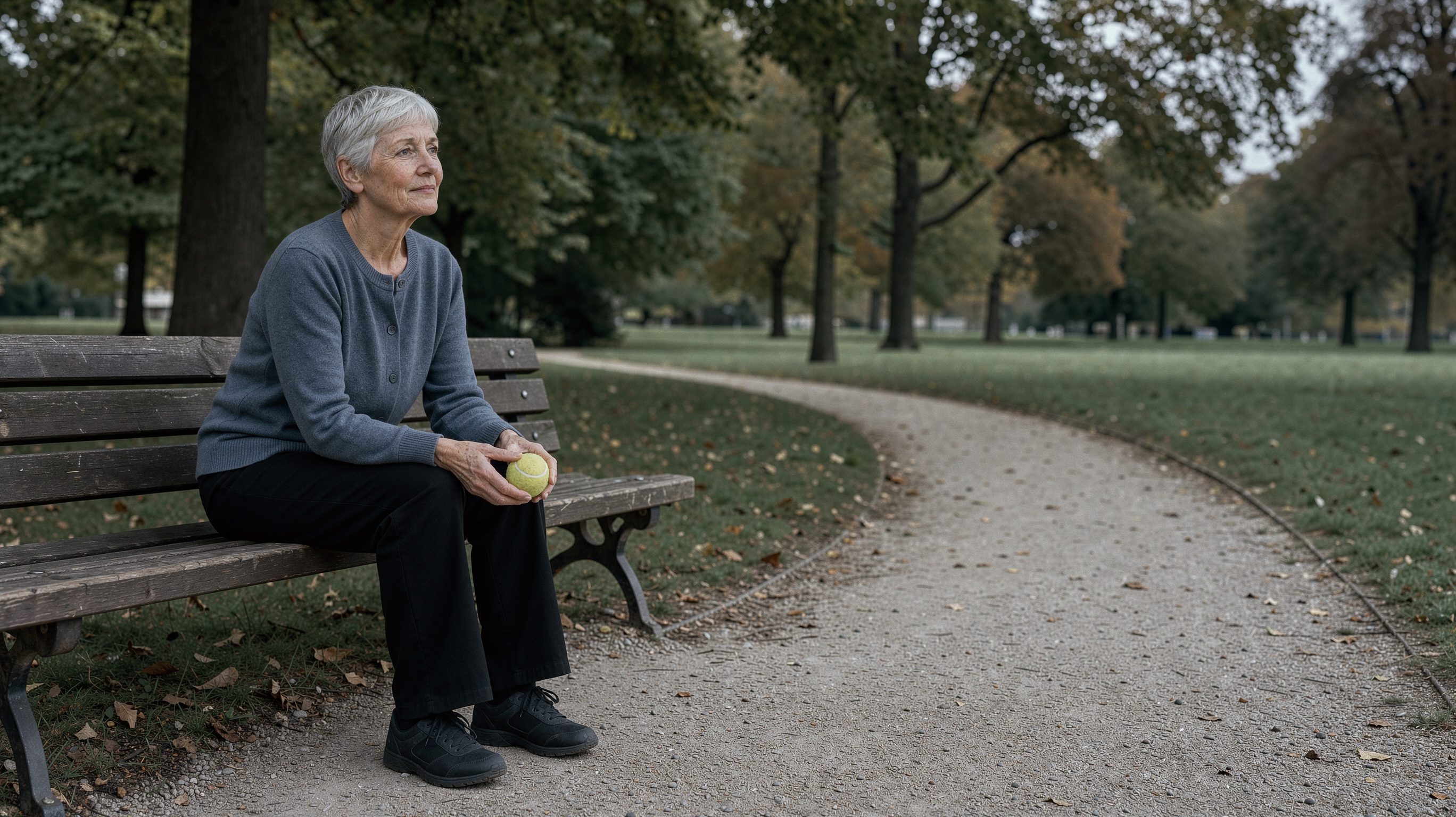 A woman sits on a park bench under trees holding a tennis ball