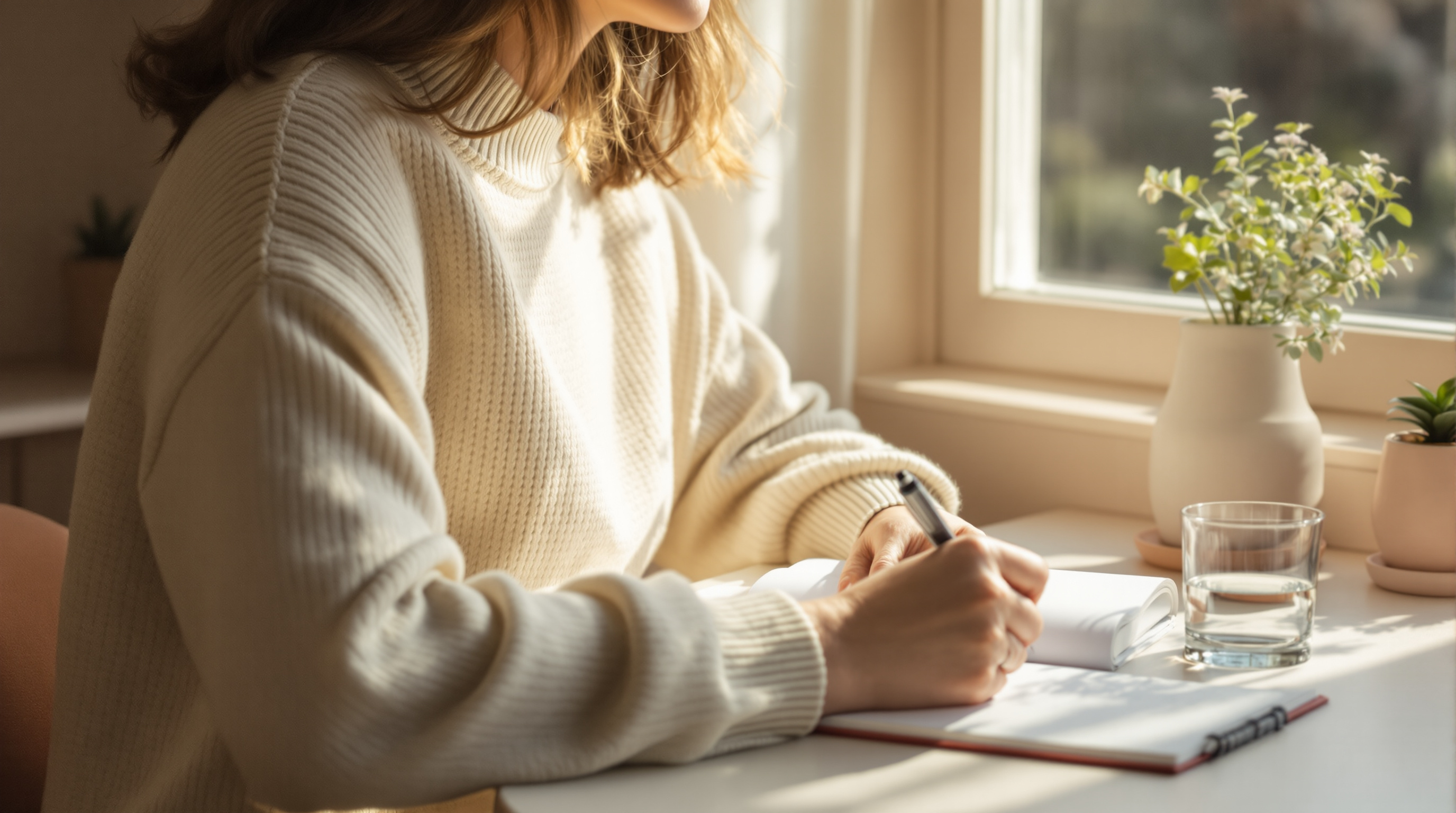 A woman in a cream sweater writes in a notebook at a sunlit desk beside a glass of water