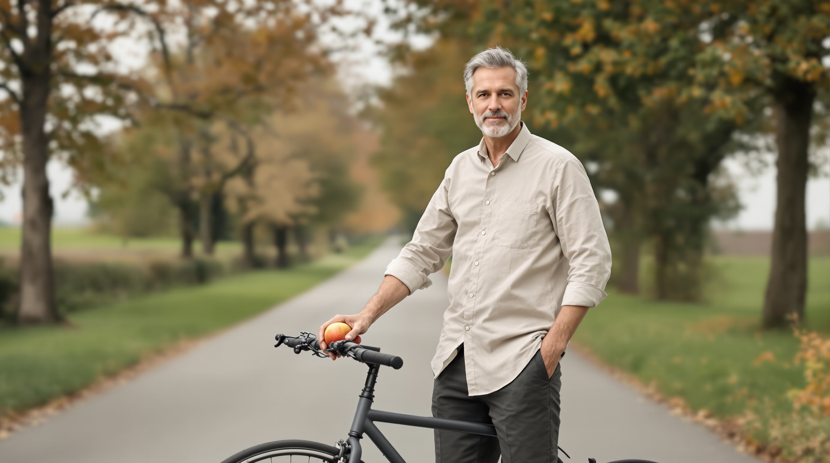 A man stands beside a bicycle in a quiet lane holding an apple