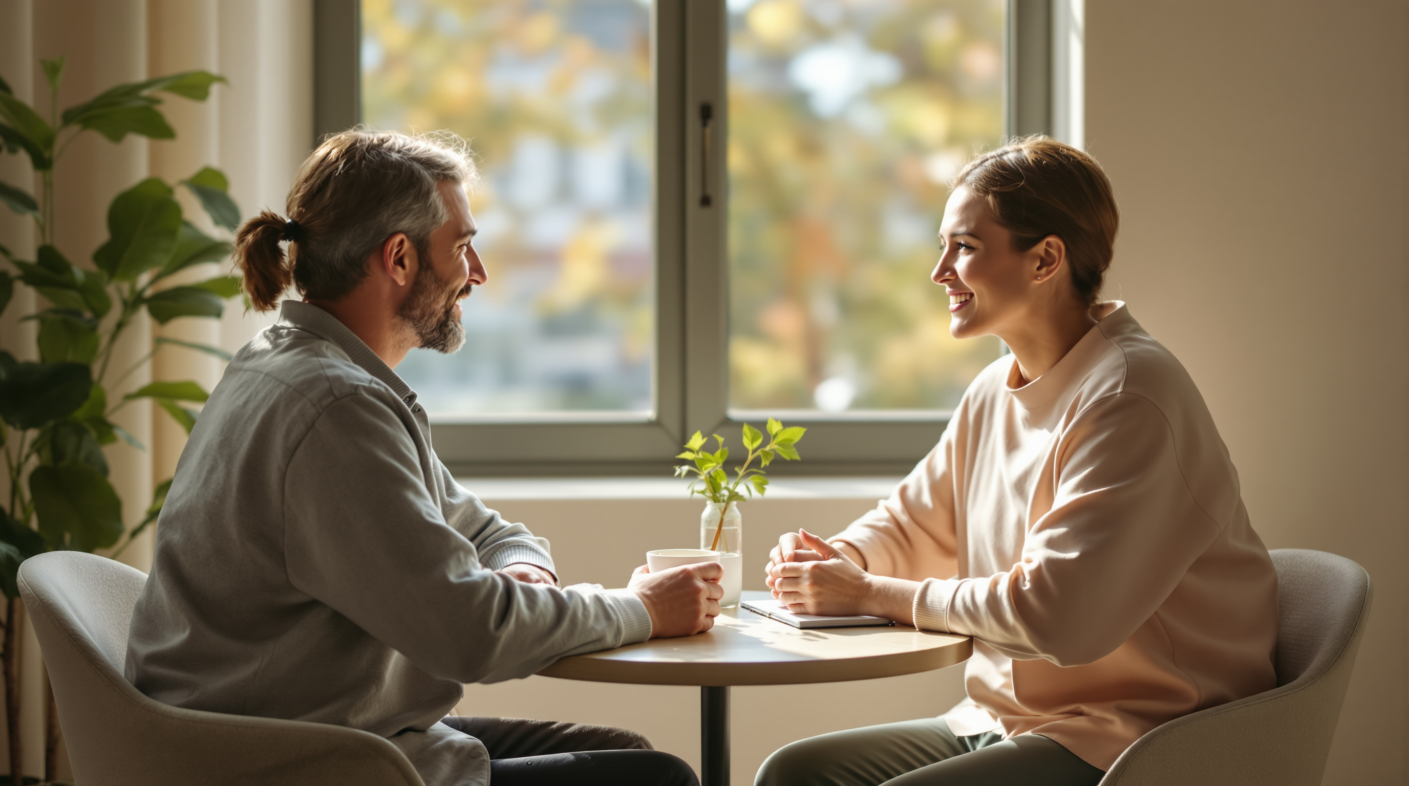 Two adults talk quietly over coffee at a small table beside a sunlit window