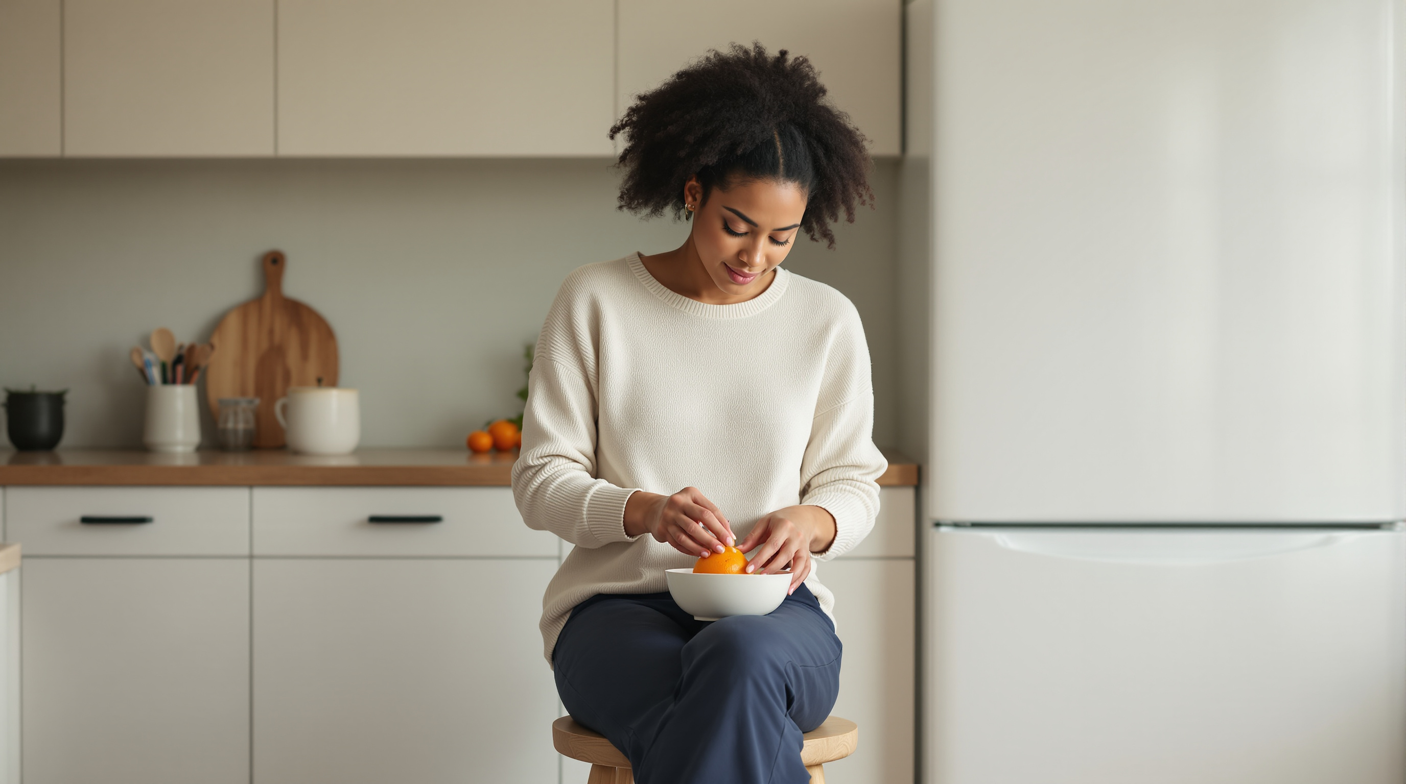 A woman in full-length casual clothes peels an orange at a quiet kitchen counter
