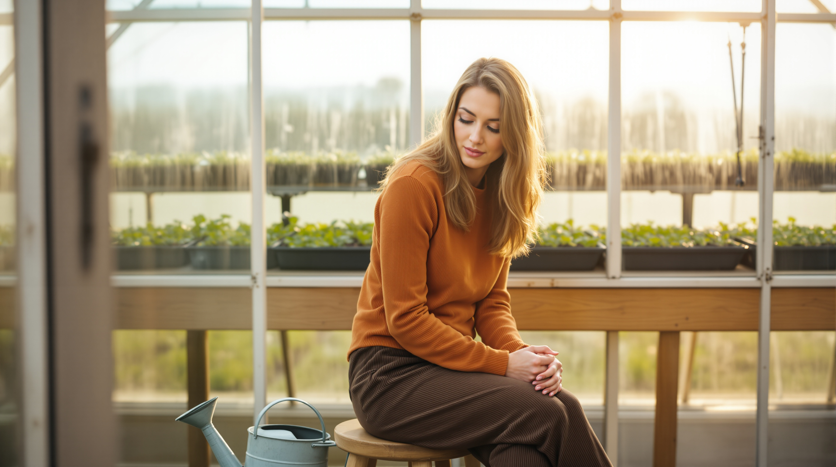 A woman sits on a stool in a greenhouse beside a watering can