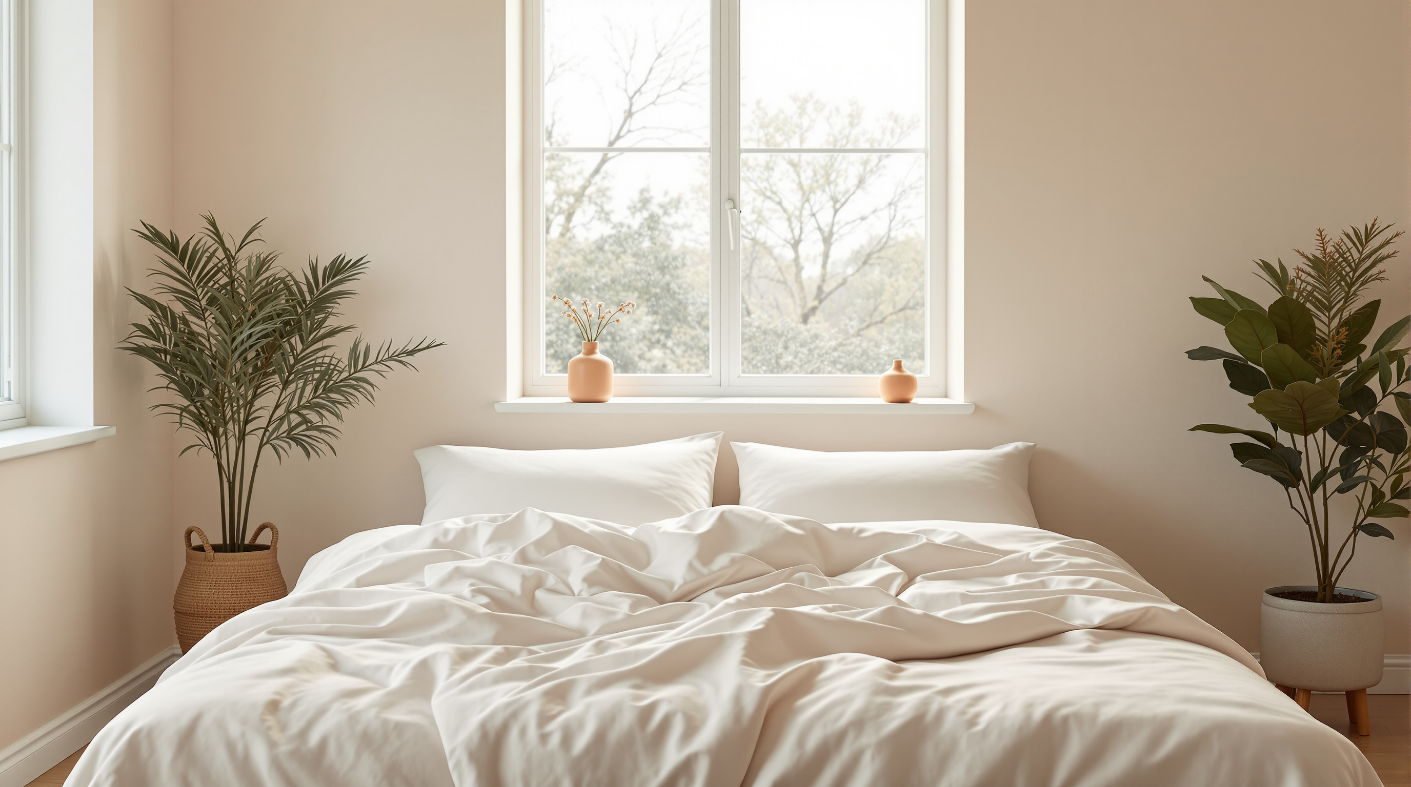 A made bed in a bare bedroom