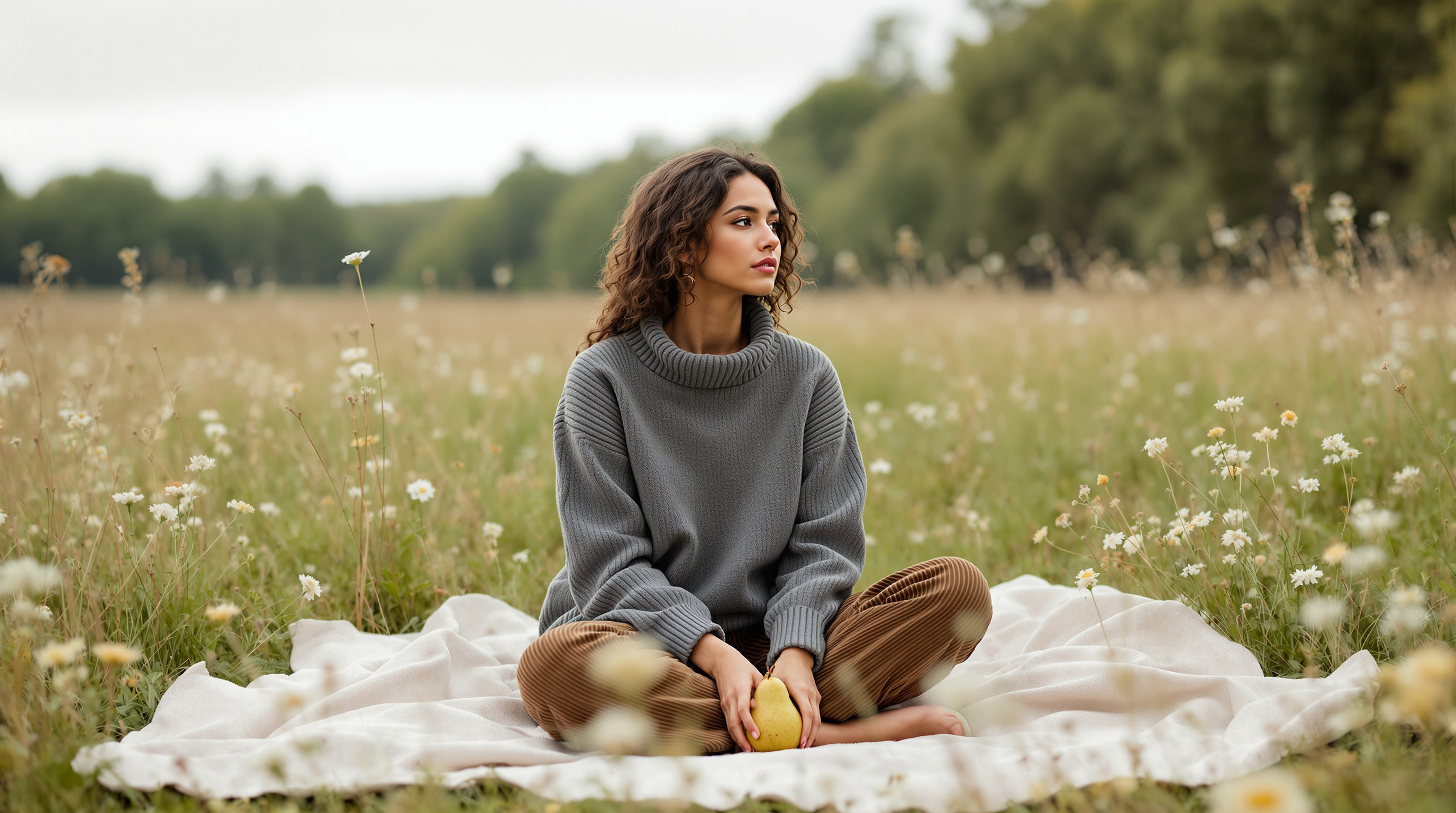 A woman sits on a blanket in a meadow holding a pear