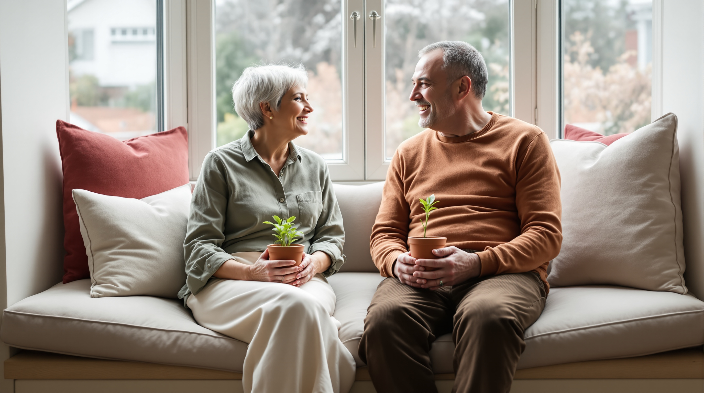 Two friends sit together on a window seat holding a pot of seedlings