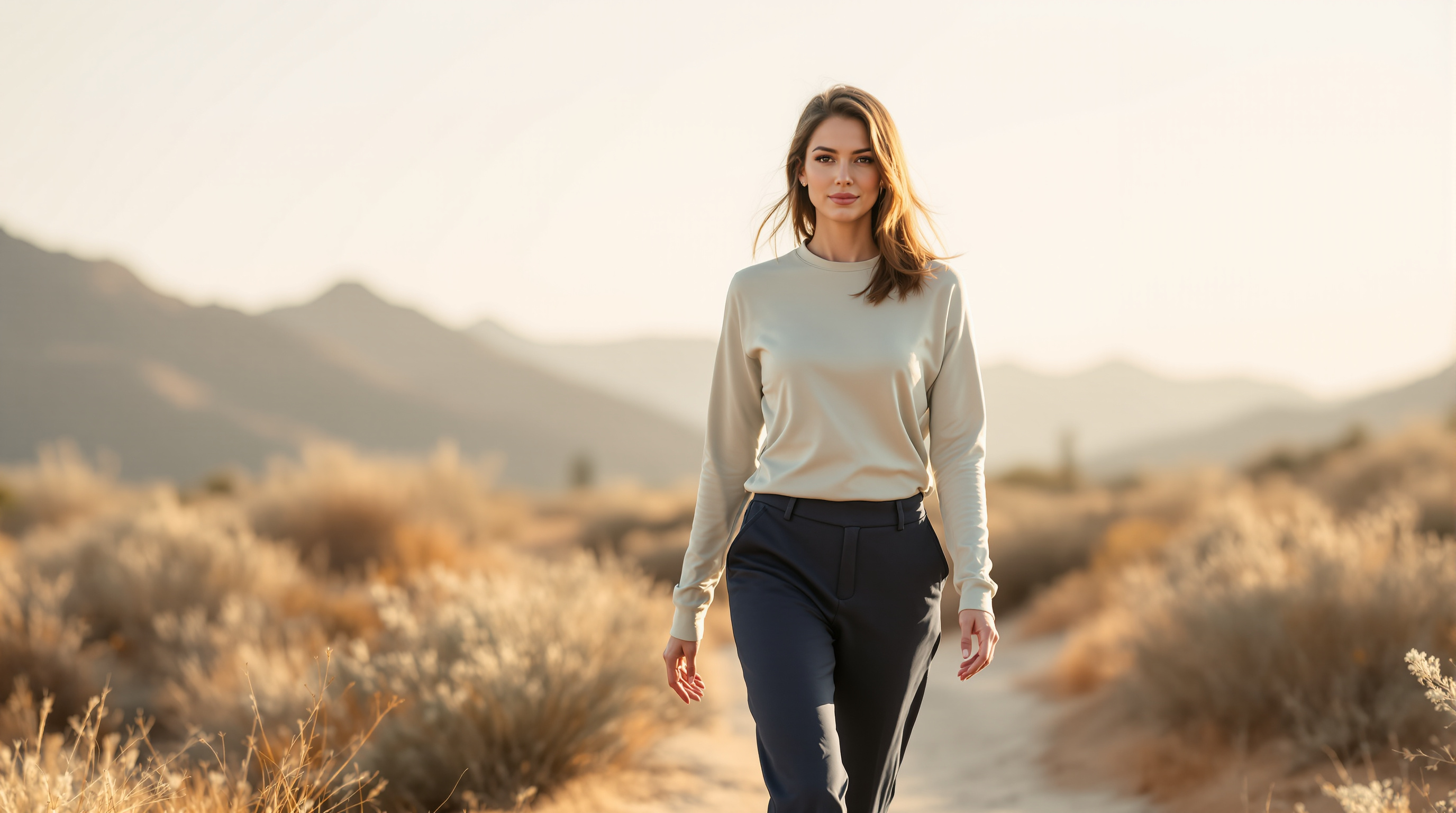 A woman in a sage top and navy trousers walks a quiet desert trail in morning light