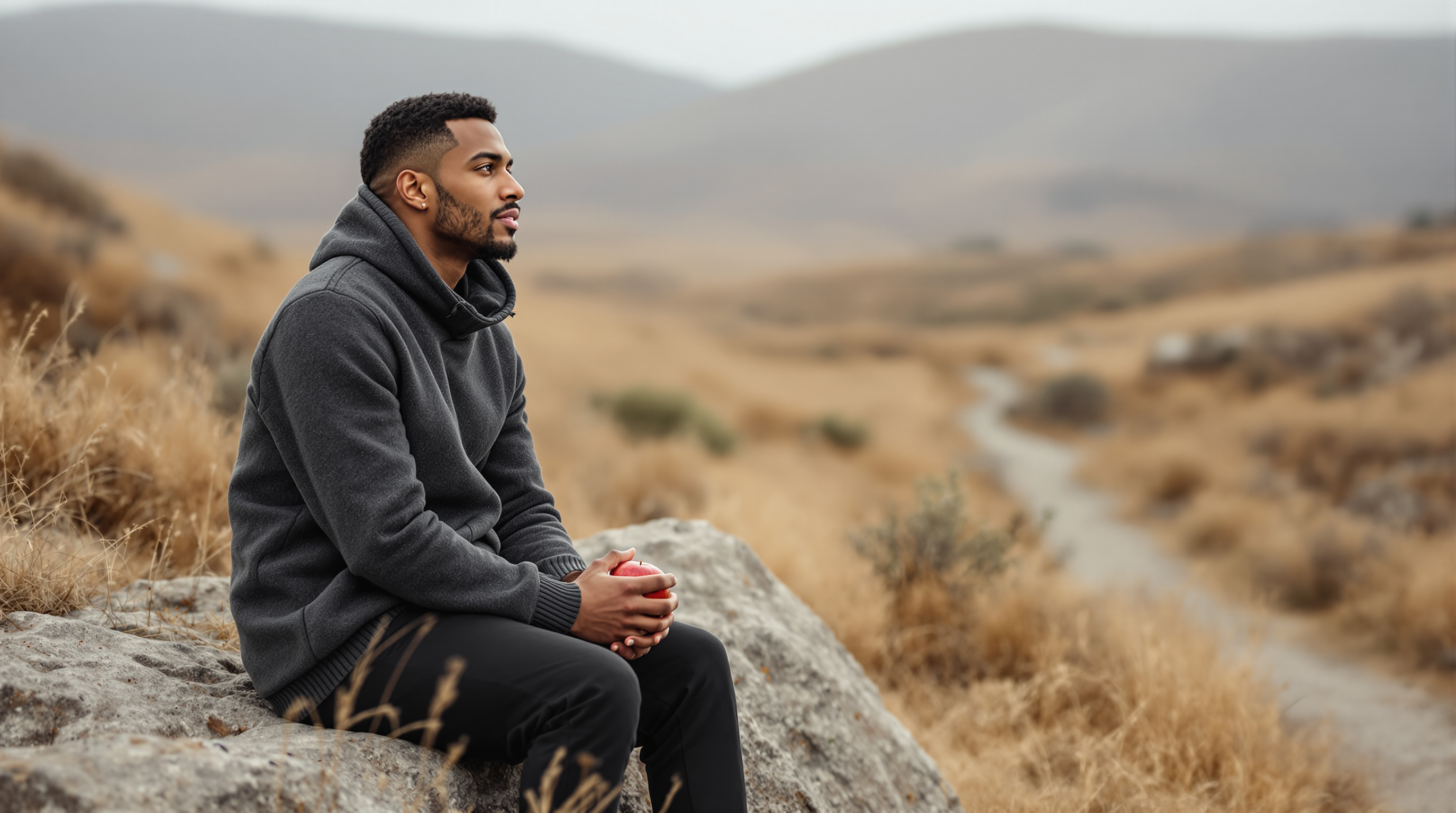 A man sits on a boulder beside a quiet trail holding an apple