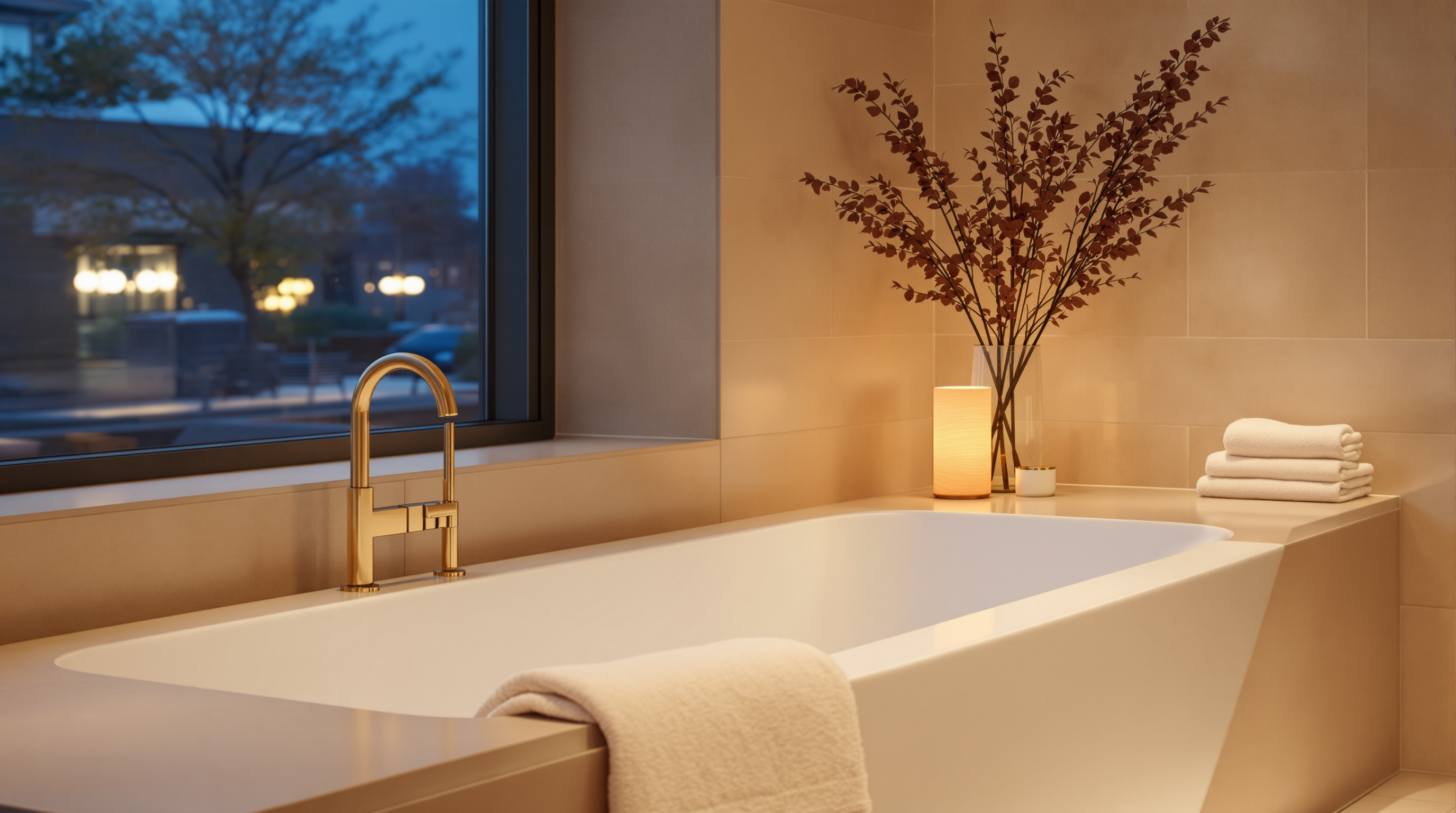 The edge of a bath in a calm bathroom