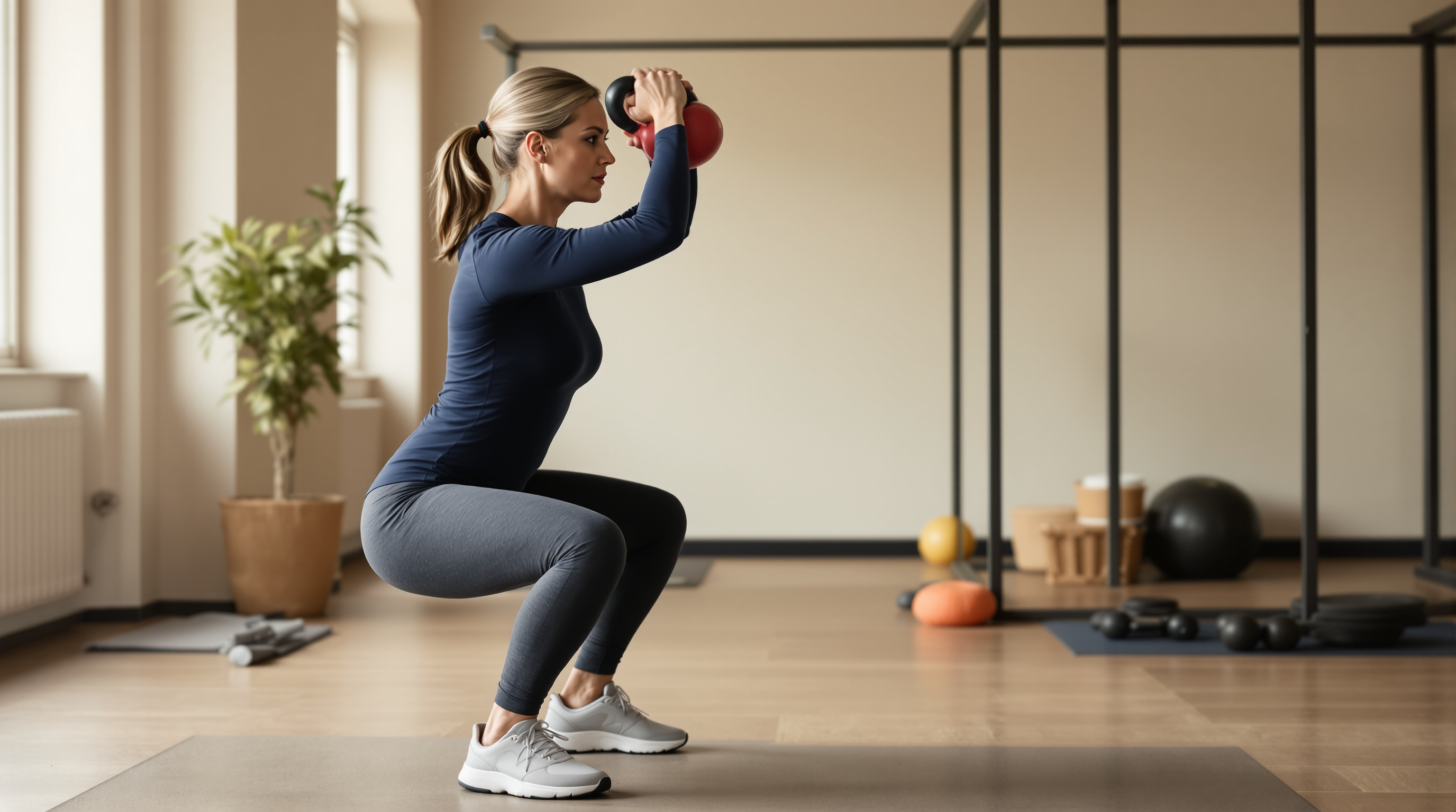 A middle-aged woman performs a controlled kettlebell squat in a quiet strength-training gym