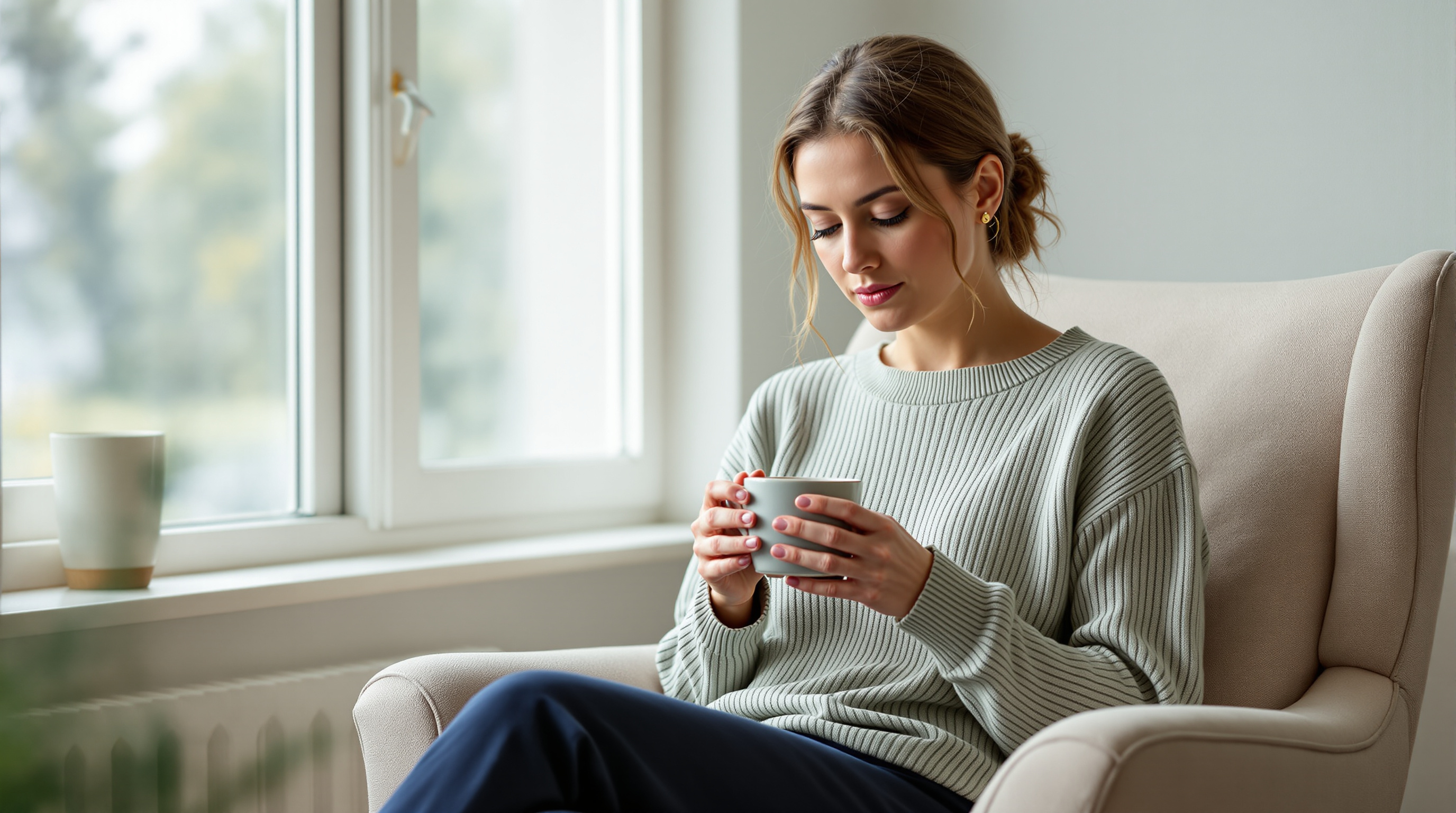 A woman in a sage jumper and navy trousers sits by a window holding a plain mug