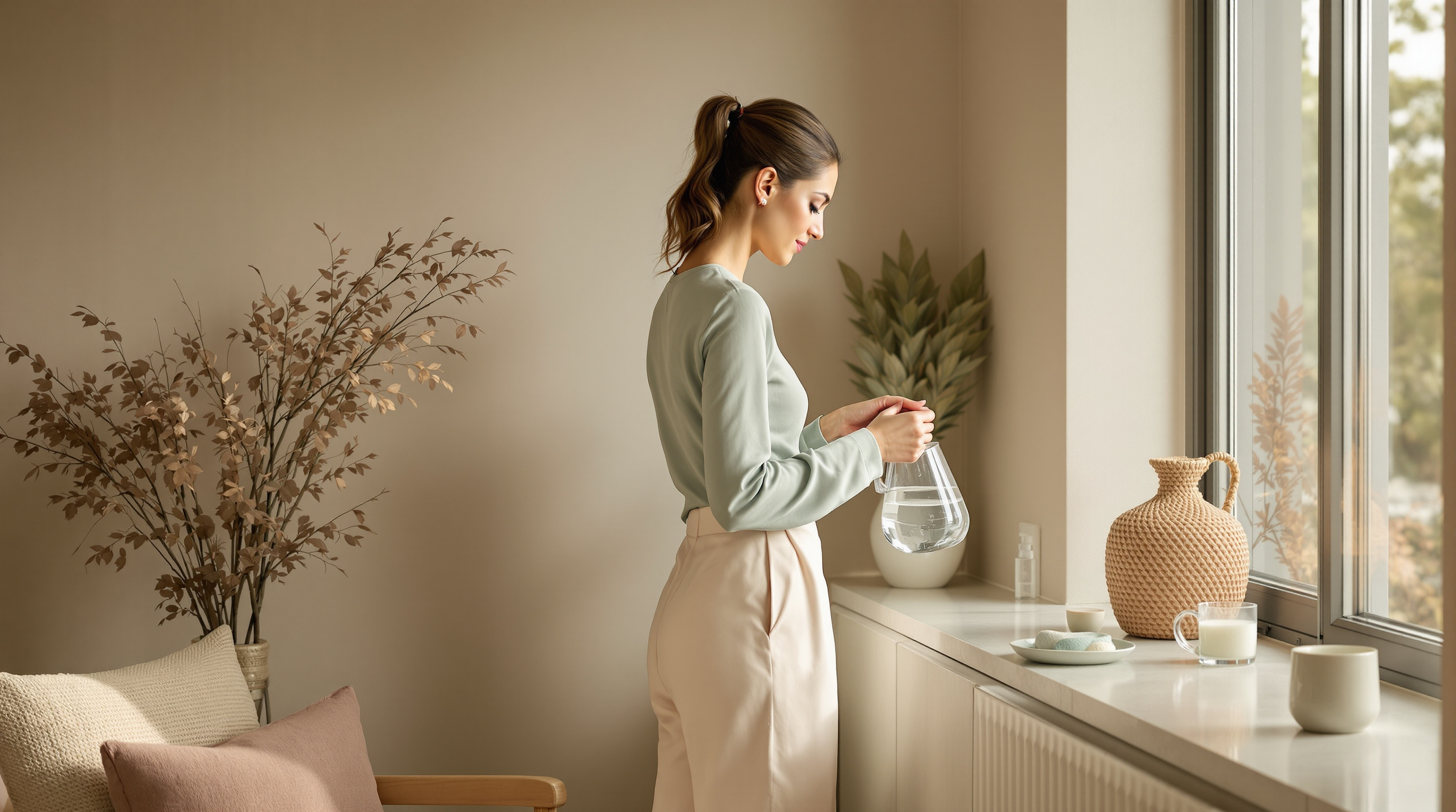 A woman pours water in a quiet spa lounge while dressed in a sage top and cream trousers