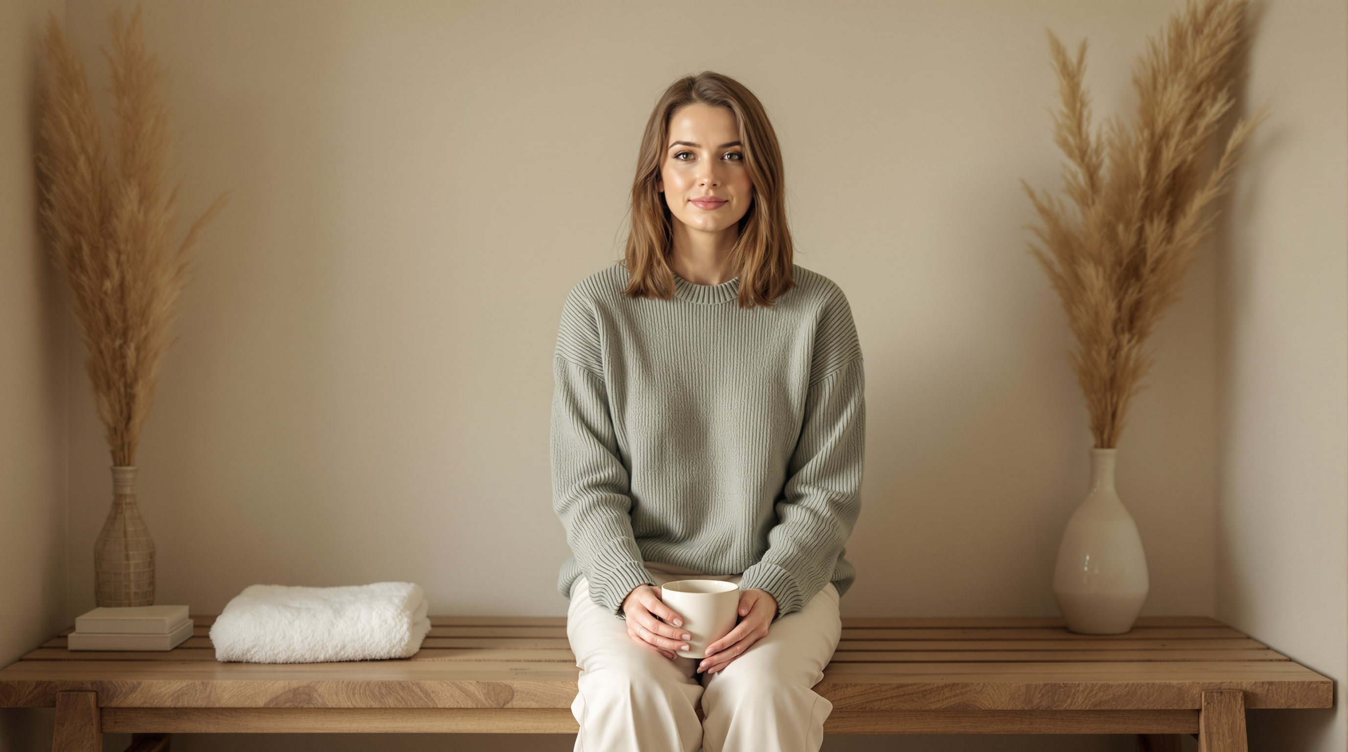A woman with shoulder-length hair sits facing the camera on a spa bench holding a mug
