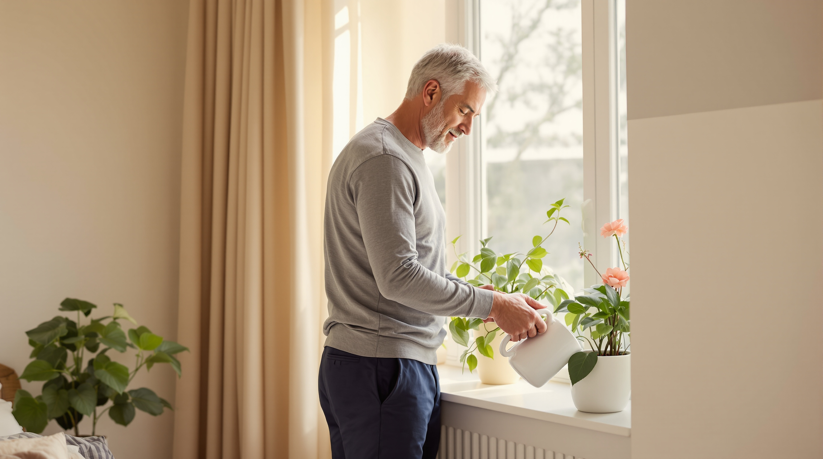 A man waters a small potted plant beside a bright window in early morning light