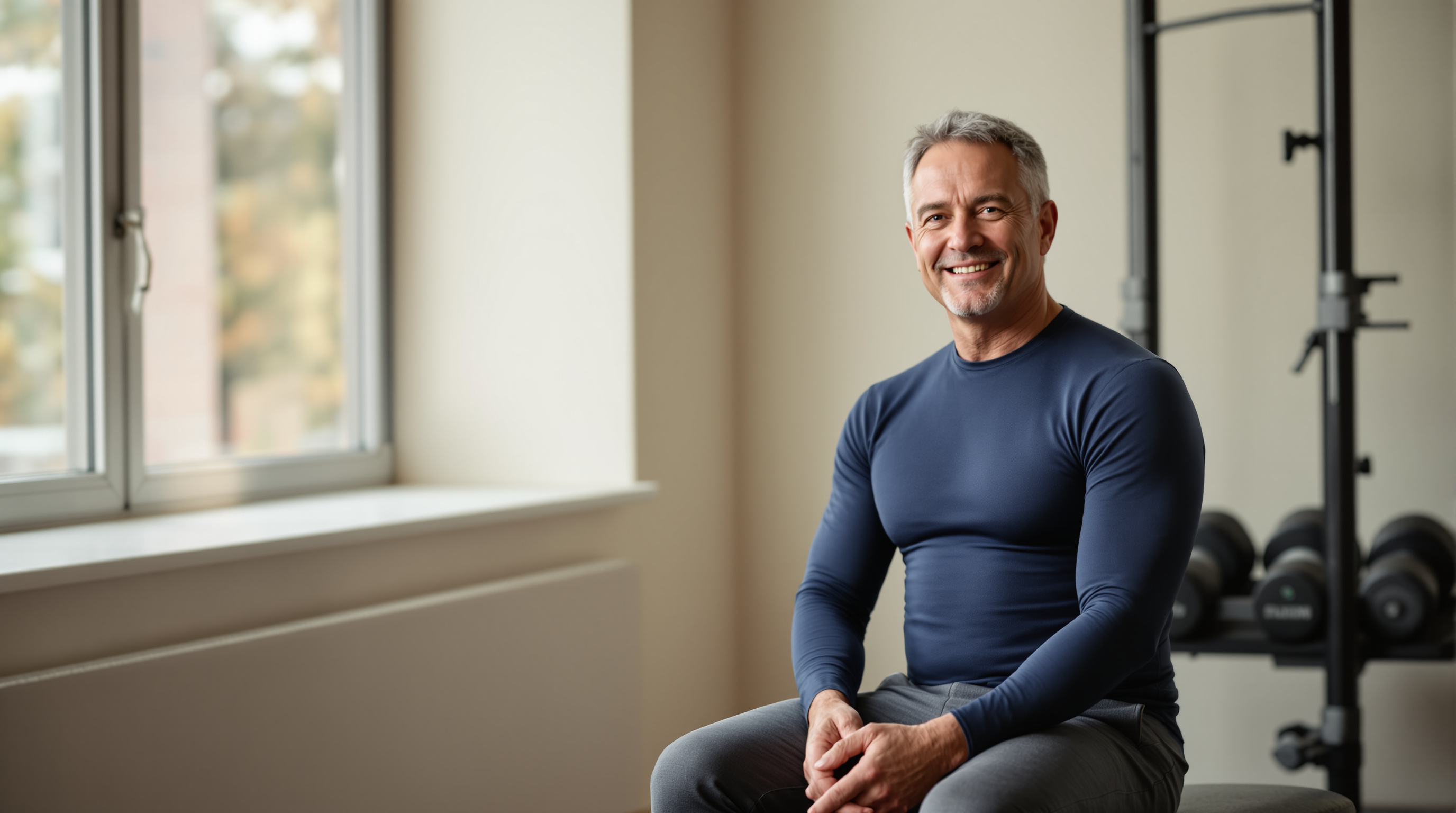 A man in a long-sleeve top rests on a bench between strength sets in a quiet gym