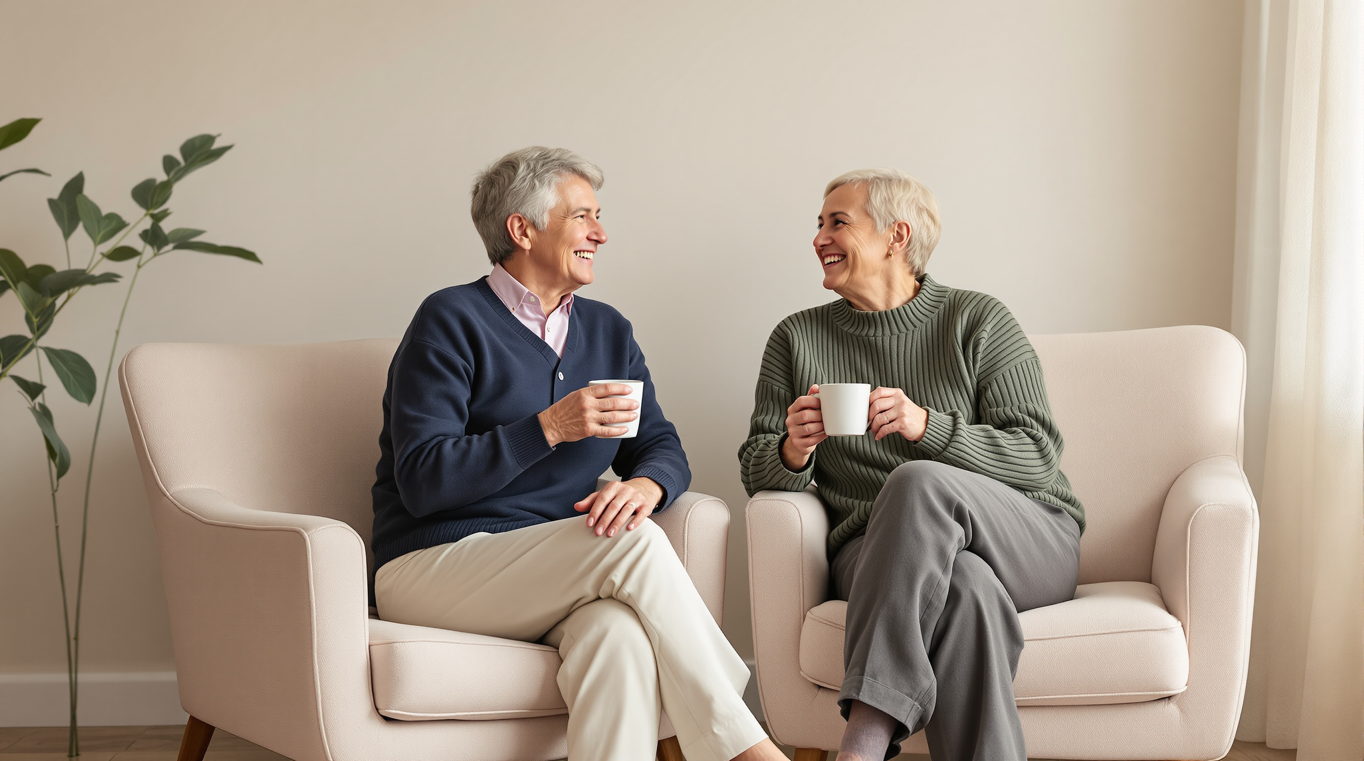 Two middle-aged friends sit in armchairs and talk over plain mugs in a quiet living room