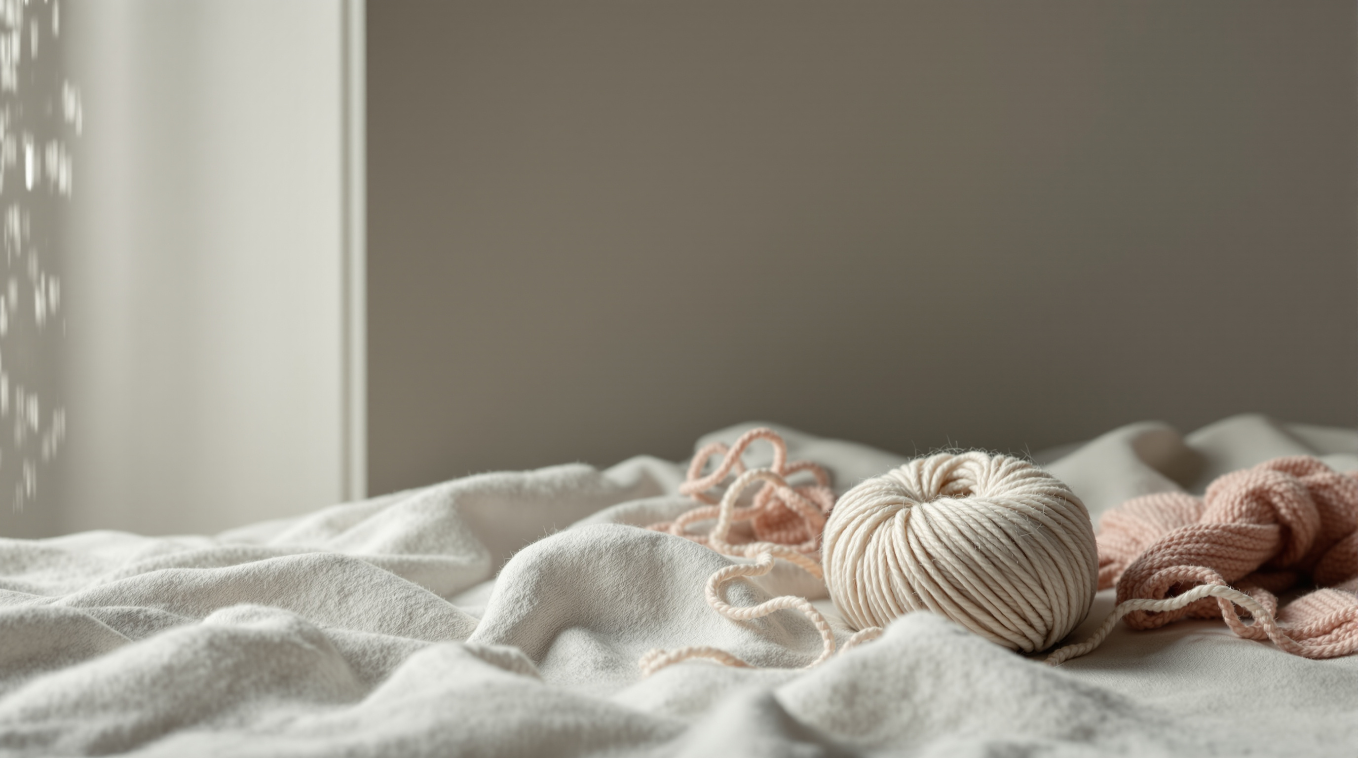 A ball of undyed wool yarn on plain linen, a close view