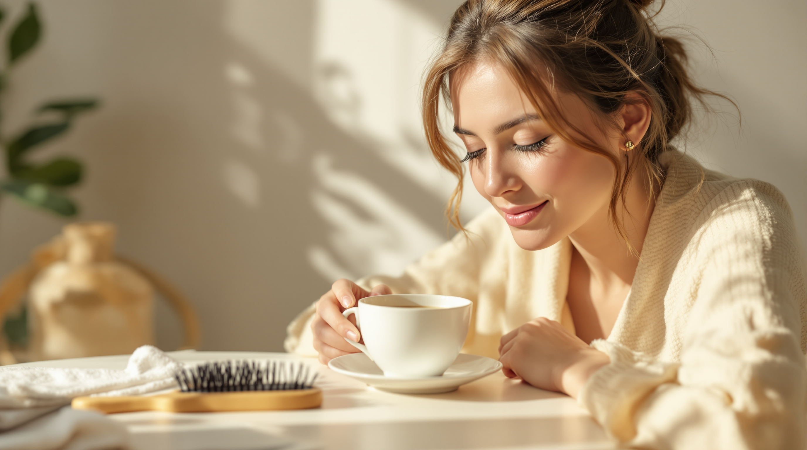 A woman with loosely tied hair pauses over tea at a sunlit table with a wooden hairbrush nearby