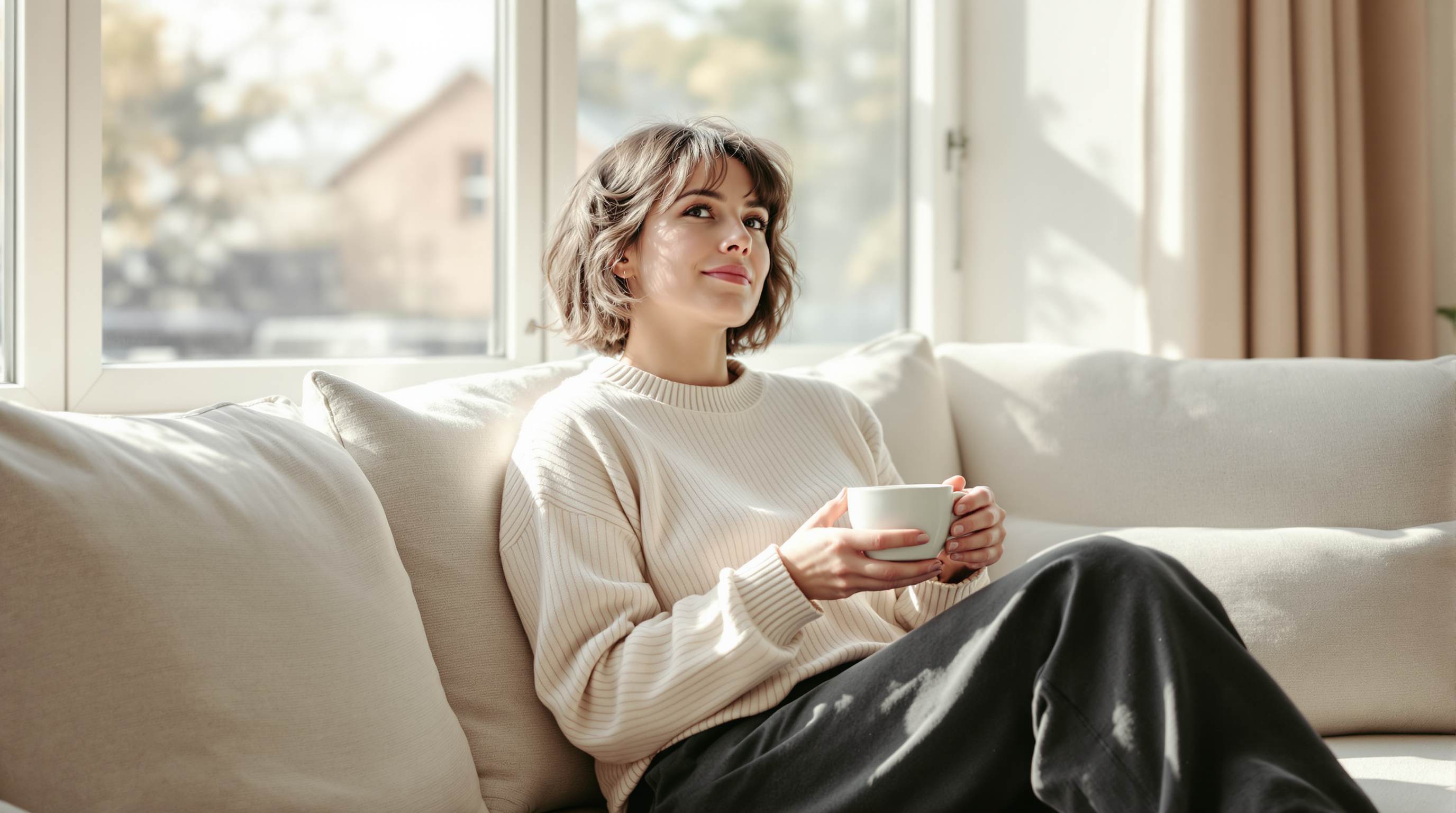 A woman sits on a low sofa in a sunlit living room, holding a ceramic mug in both hands