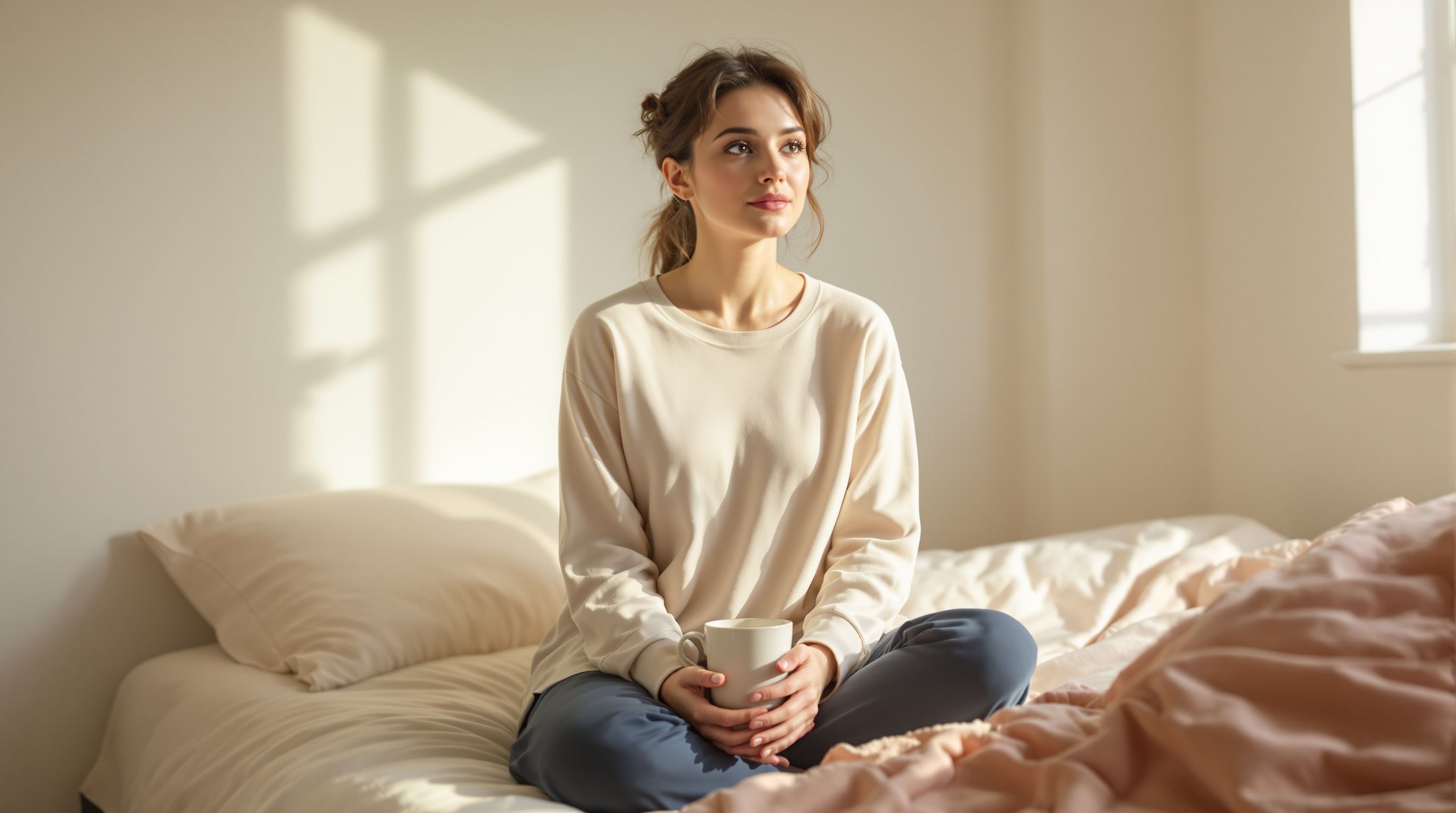 A woman in long pajamas sits on a plain bed in a bare bedroom at morning light