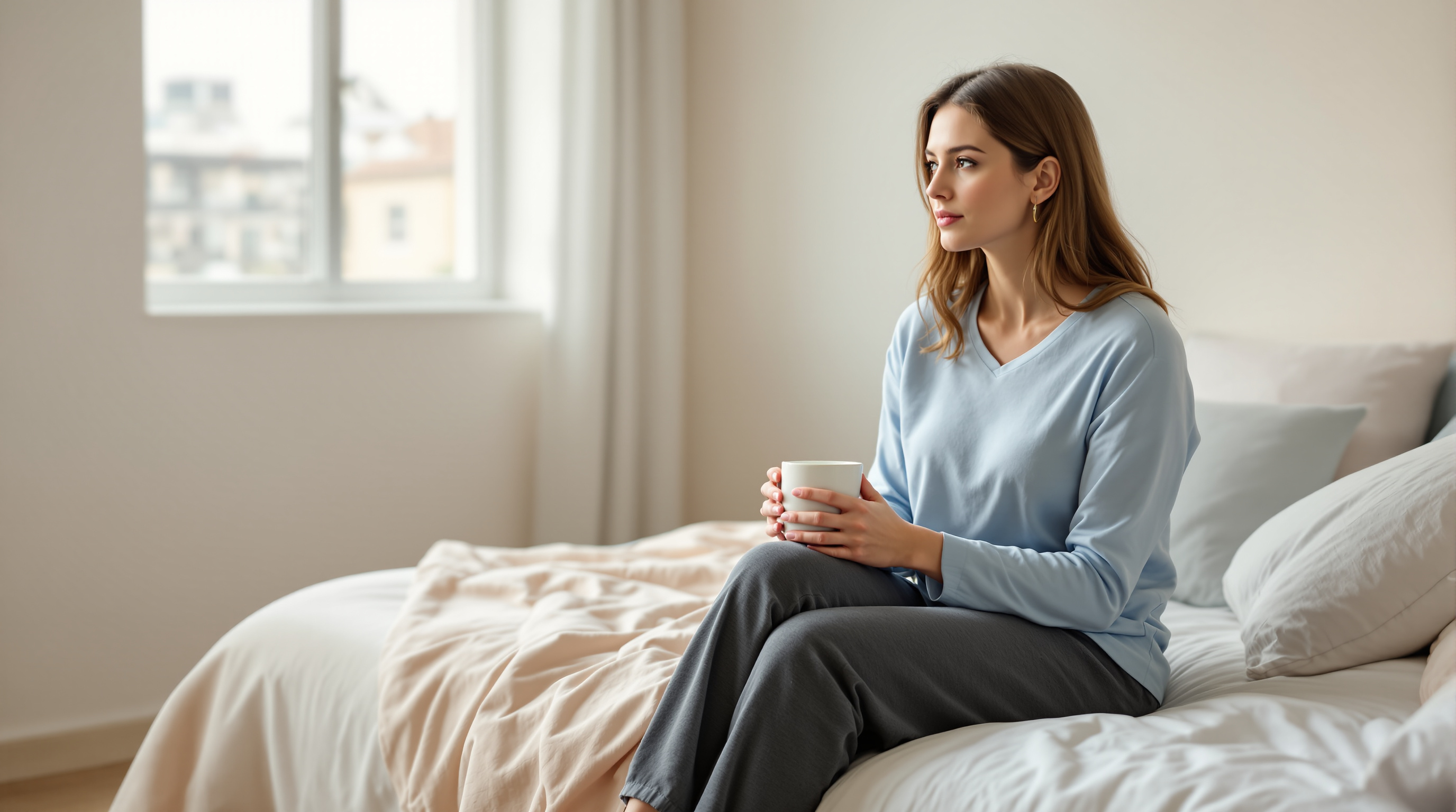 A woman in long pajamas sits quietly on a bed in soft morning light