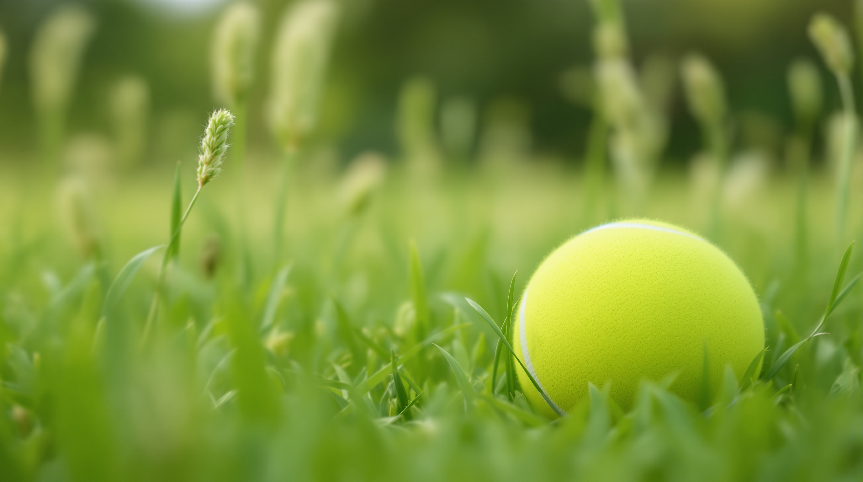 A tennis ball in long grass, a close view