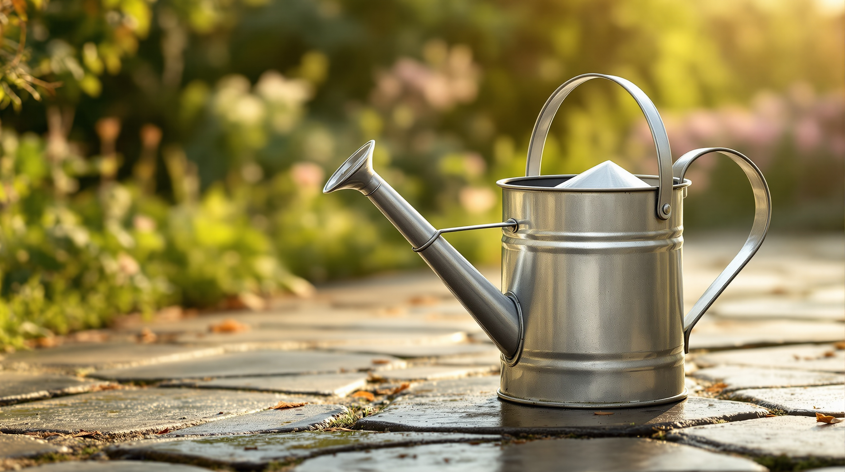 A plain galvanised watering can on damp flagstones, a close view