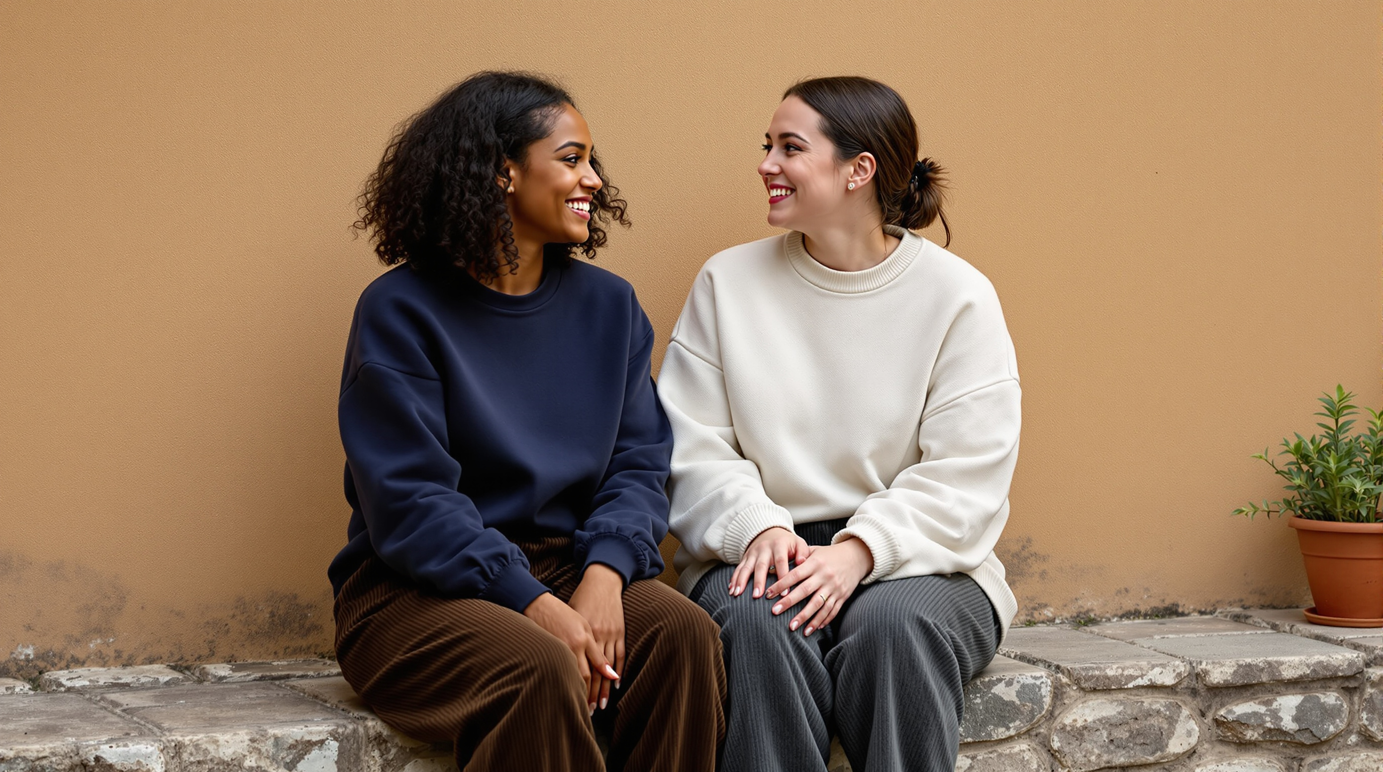Two friends sit together on a stone step in a walled courtyard
