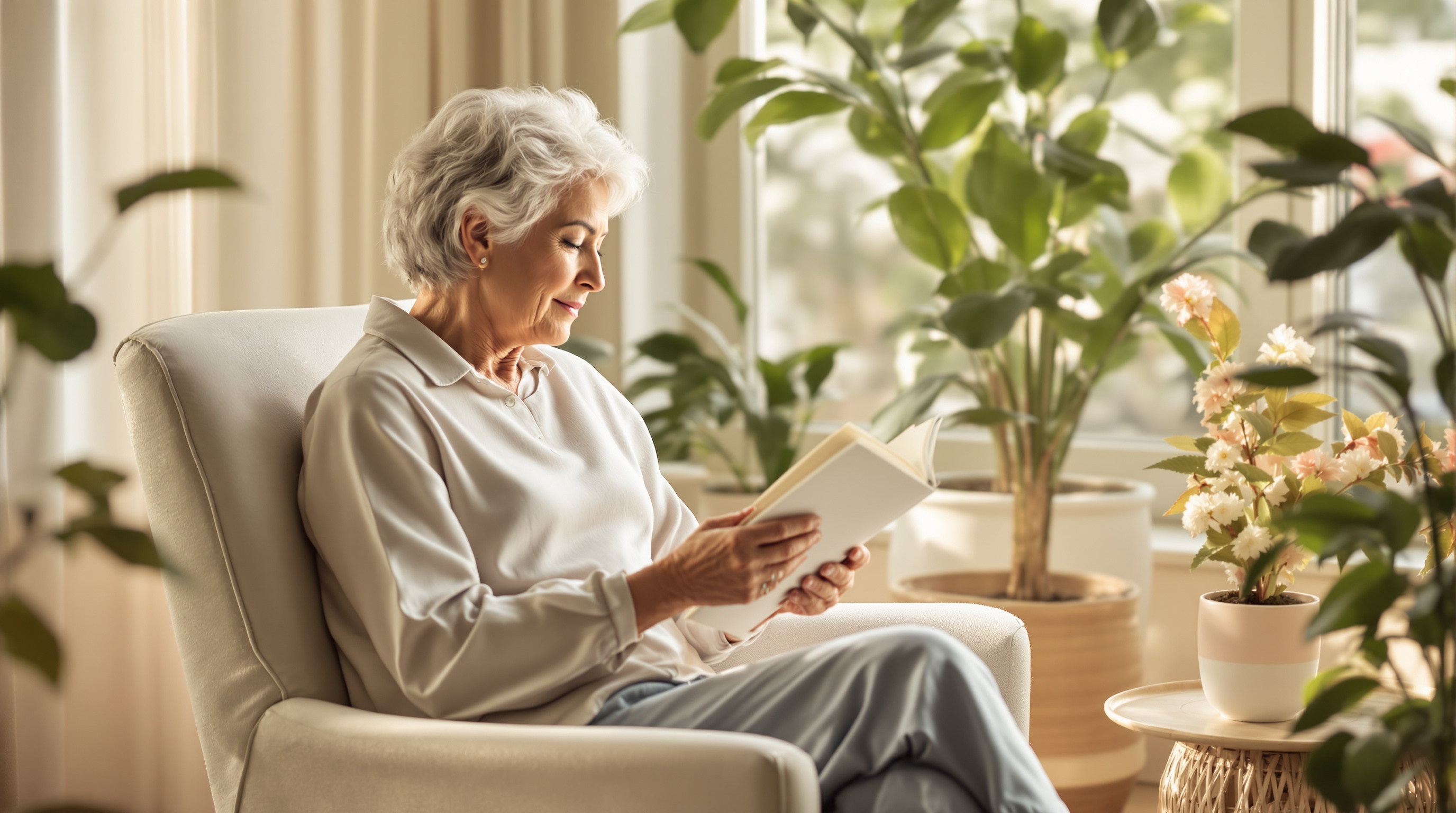 A silver-haired woman reading in an armchair by a sunlit window surrounded by houseplants