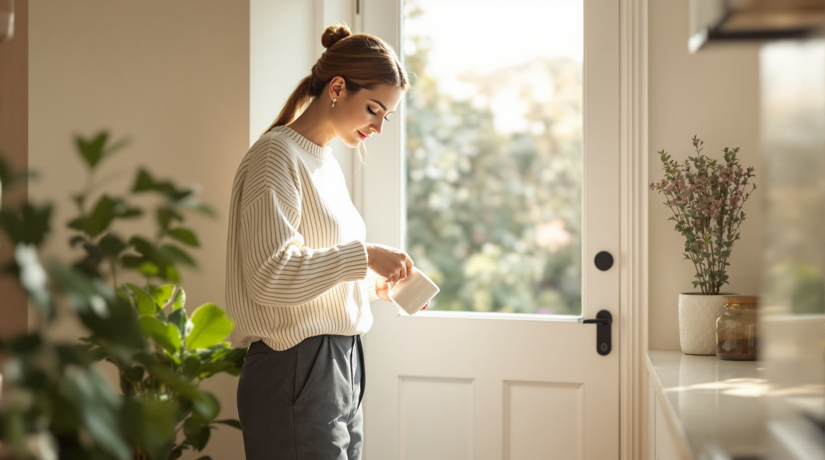A woman in a cream jumper and charcoal trousers pours tea beside a sunlit kitchen doorway