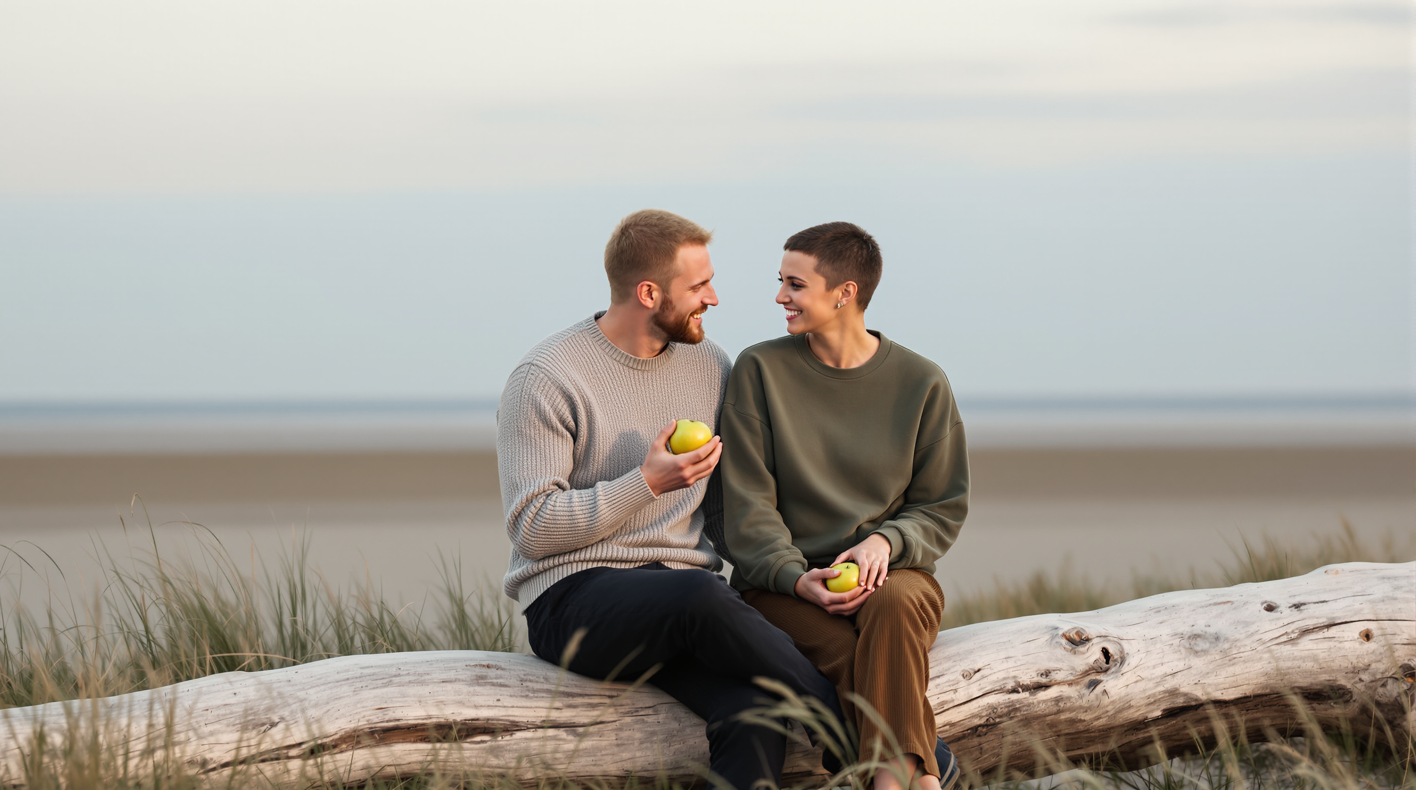 Two friends sit together on a driftwood log above a quiet beach holding an apple