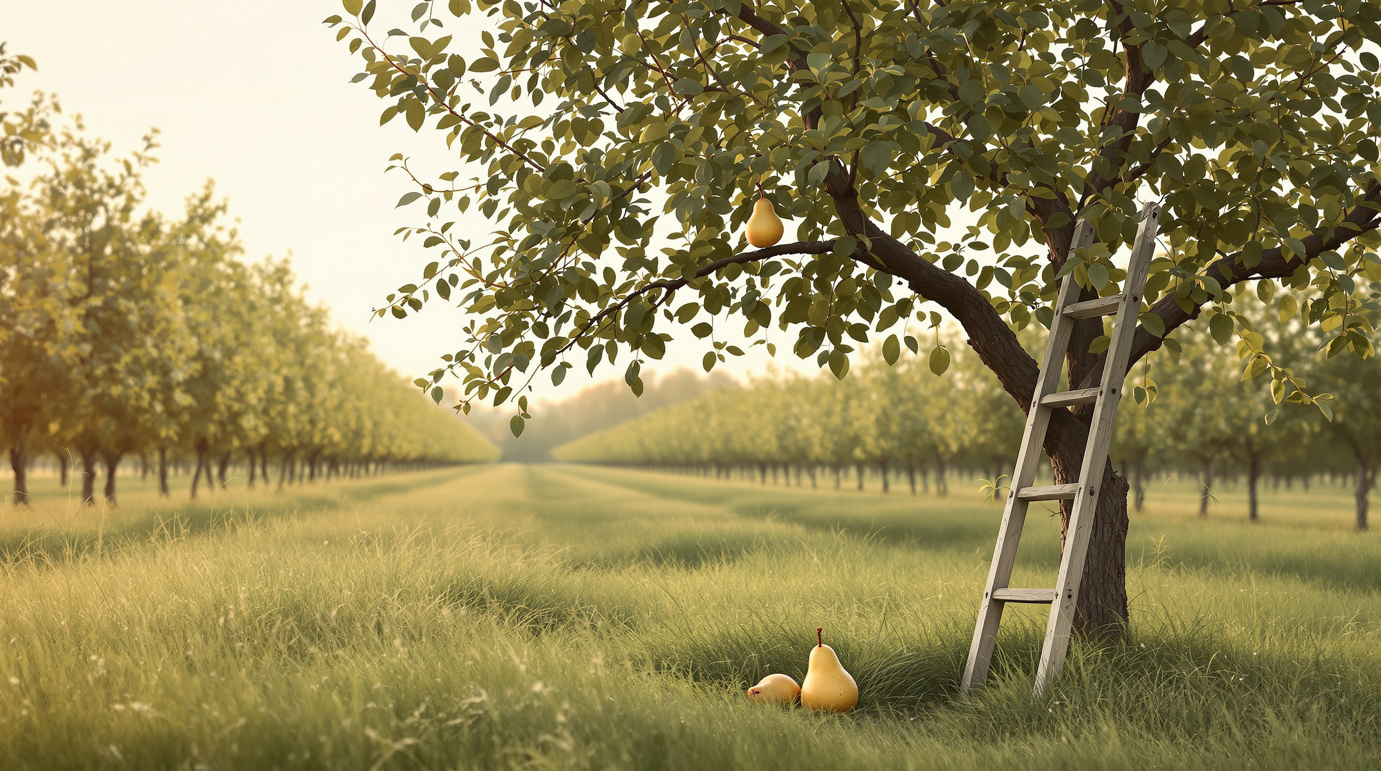A ladder against a tree in an orchard with a pear