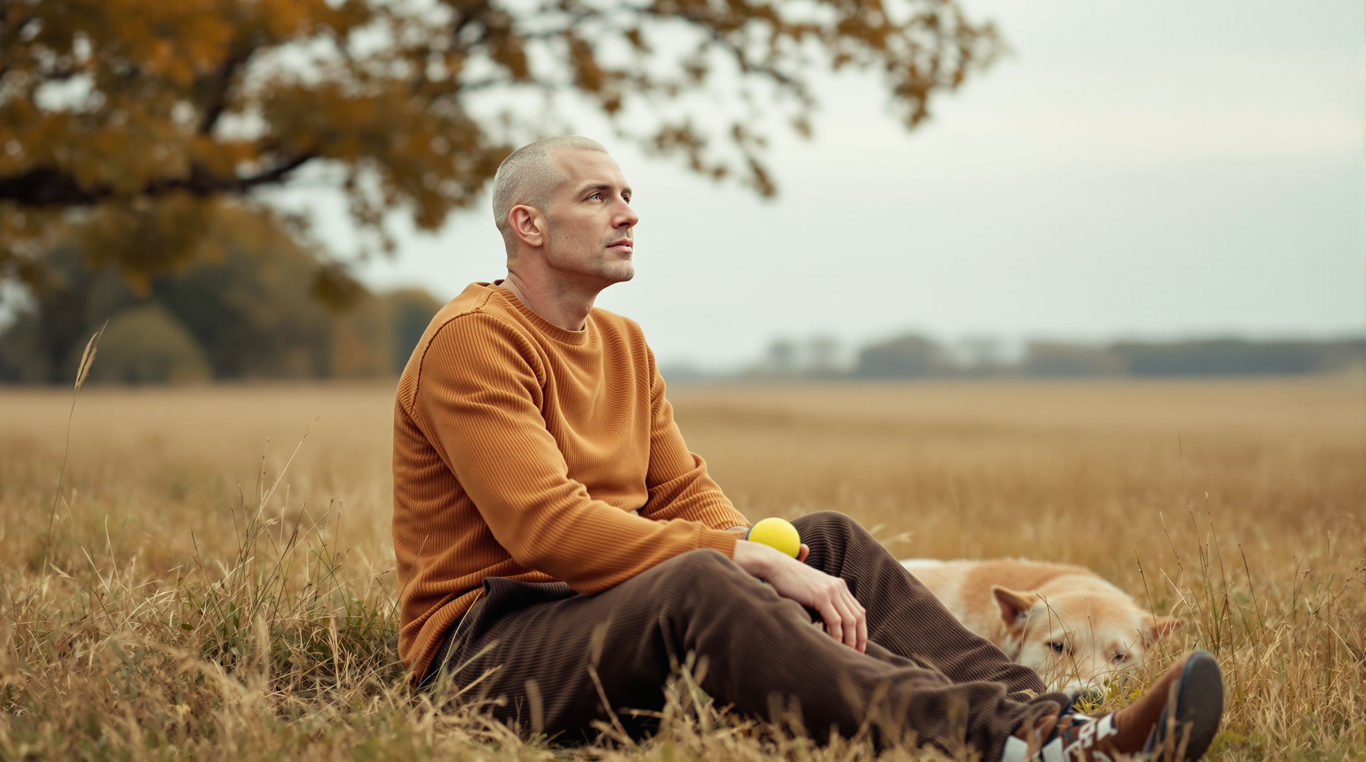 A man sits on the grass beside a dog in a meadow holding a tennis ball