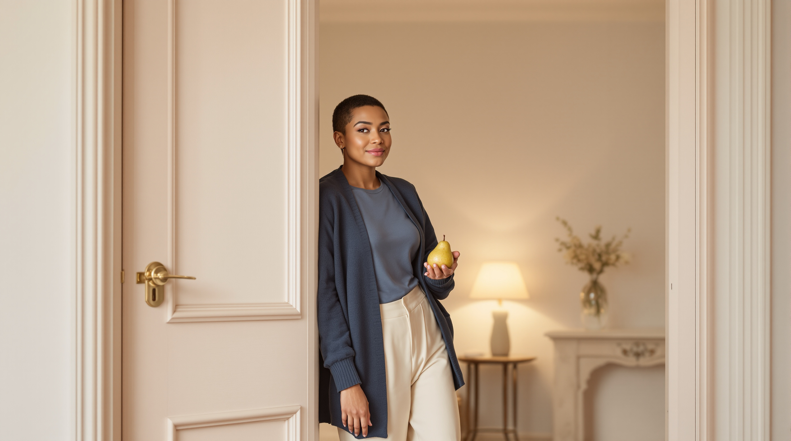 A woman stands in an open doorway holding a pear