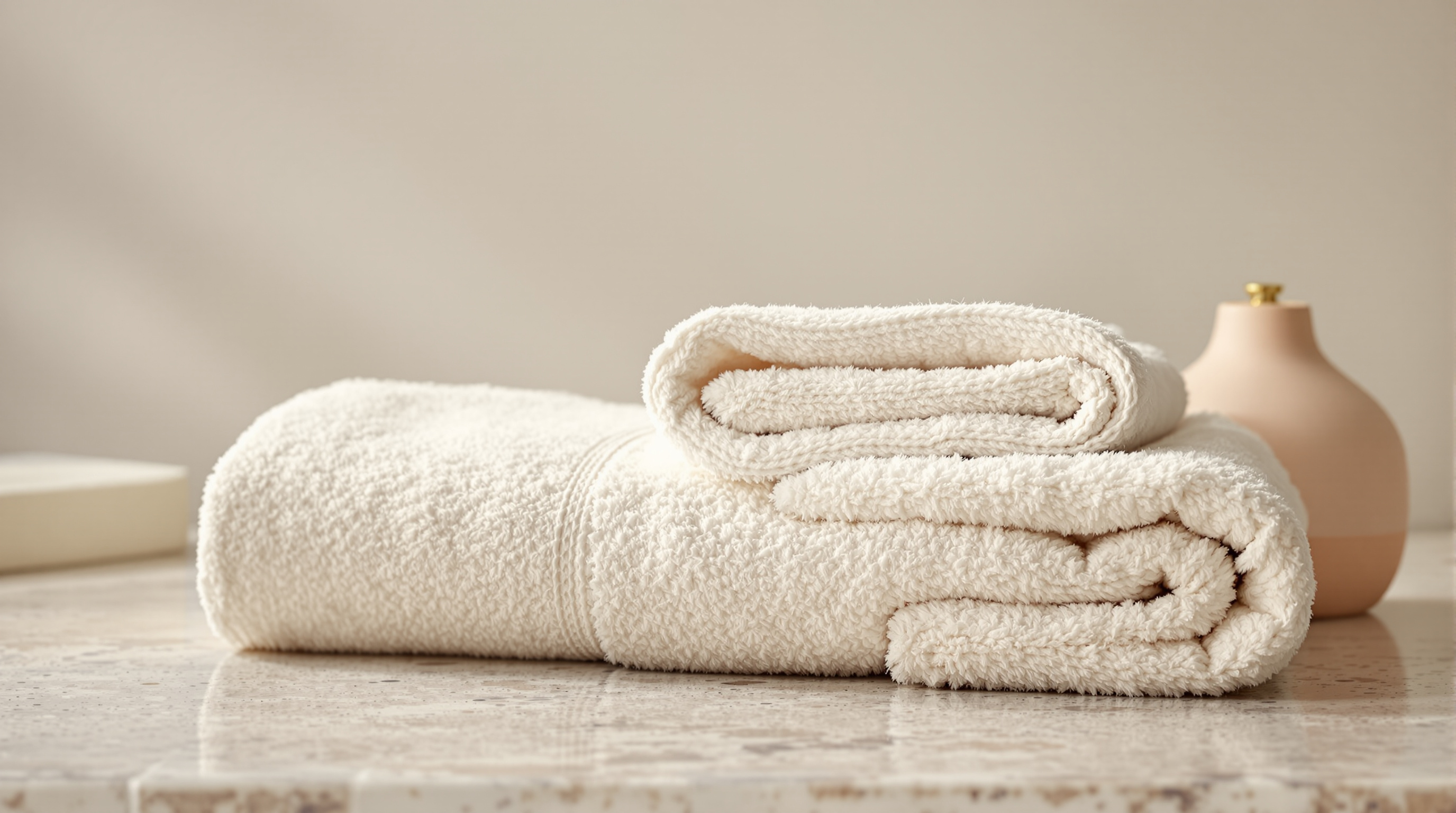 A folded cream towel on warm stone, a close view