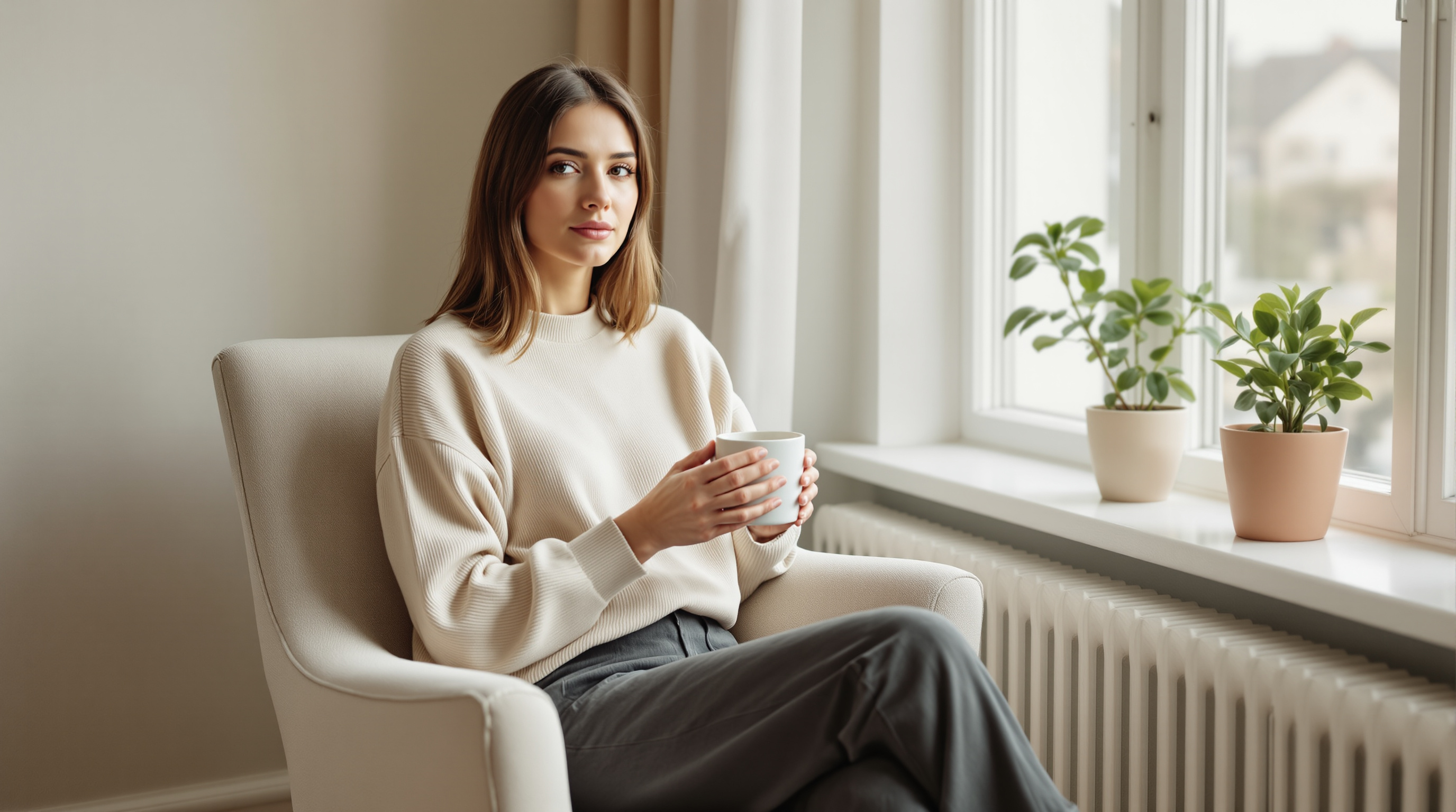 A woman sits in a linen armchair beside a bright window with small potted plants on the sill, holding a plain ceramic mug in both hands.