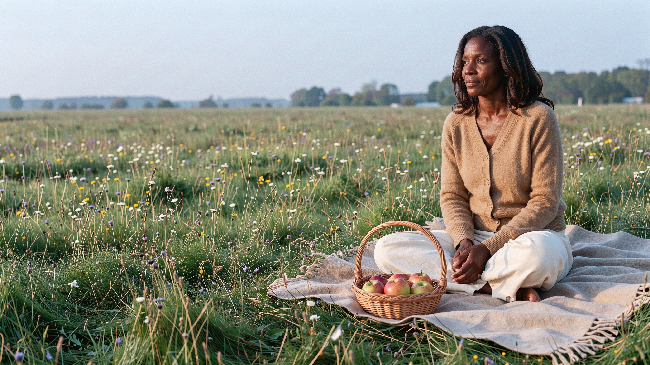 A woman sits on a blanket in a meadow beside a basket of apples