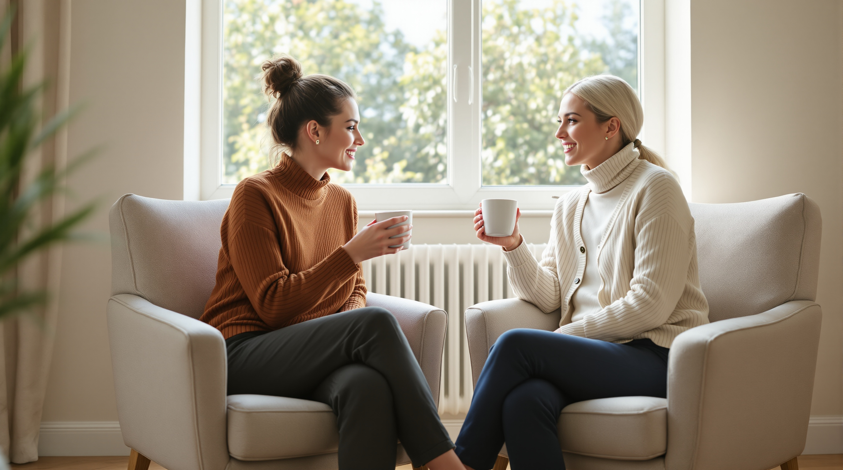 Two friends sit in armchairs by a window and talk over plain ceramic mugs