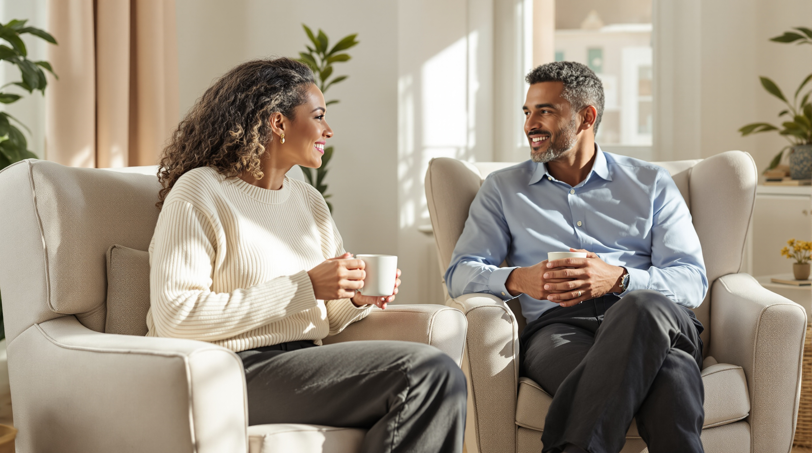 Two adults having a calm conversation in armchairs at home