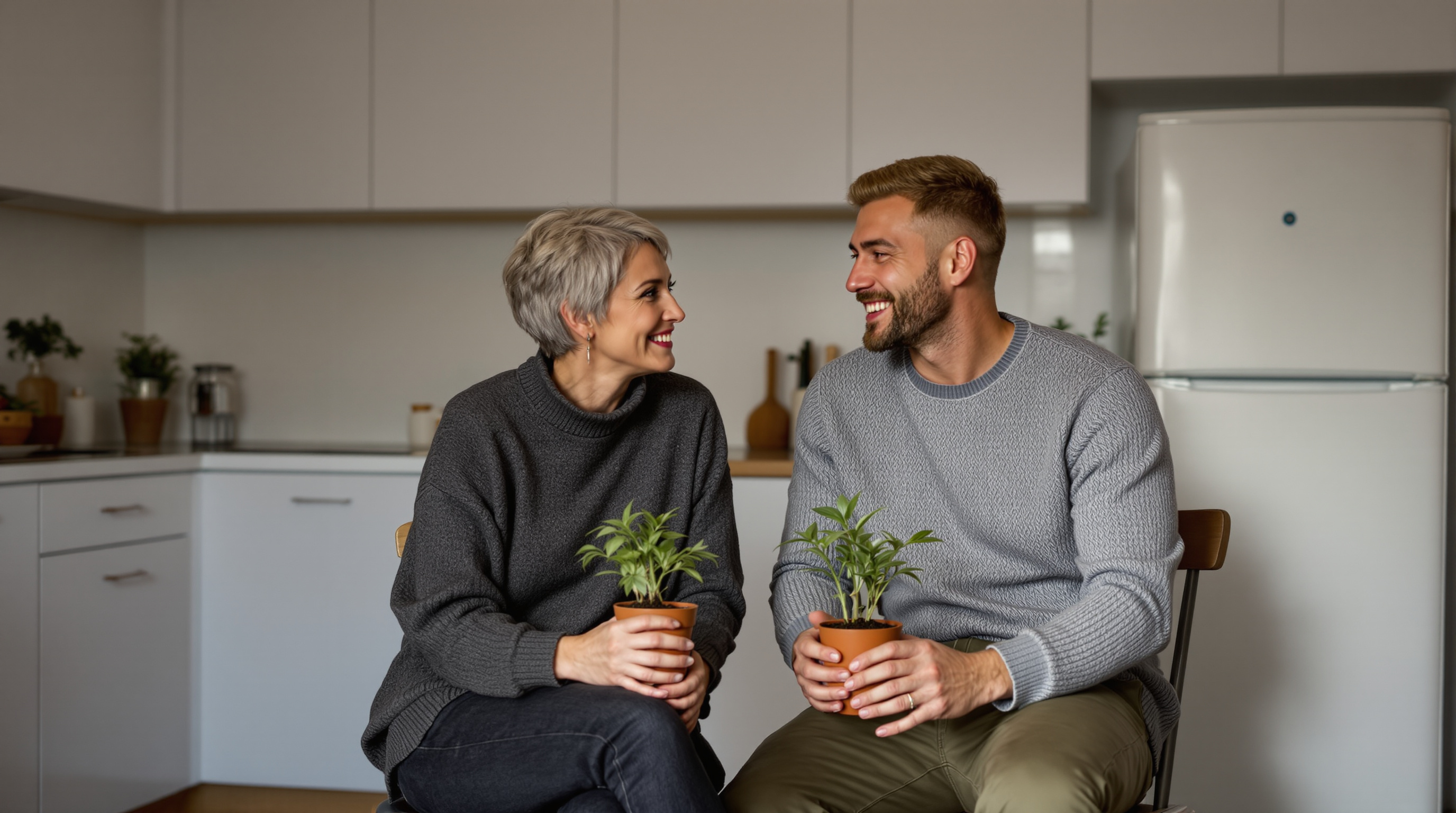 Two friends sit together at a plain kitchen table holding a pot of seedlings