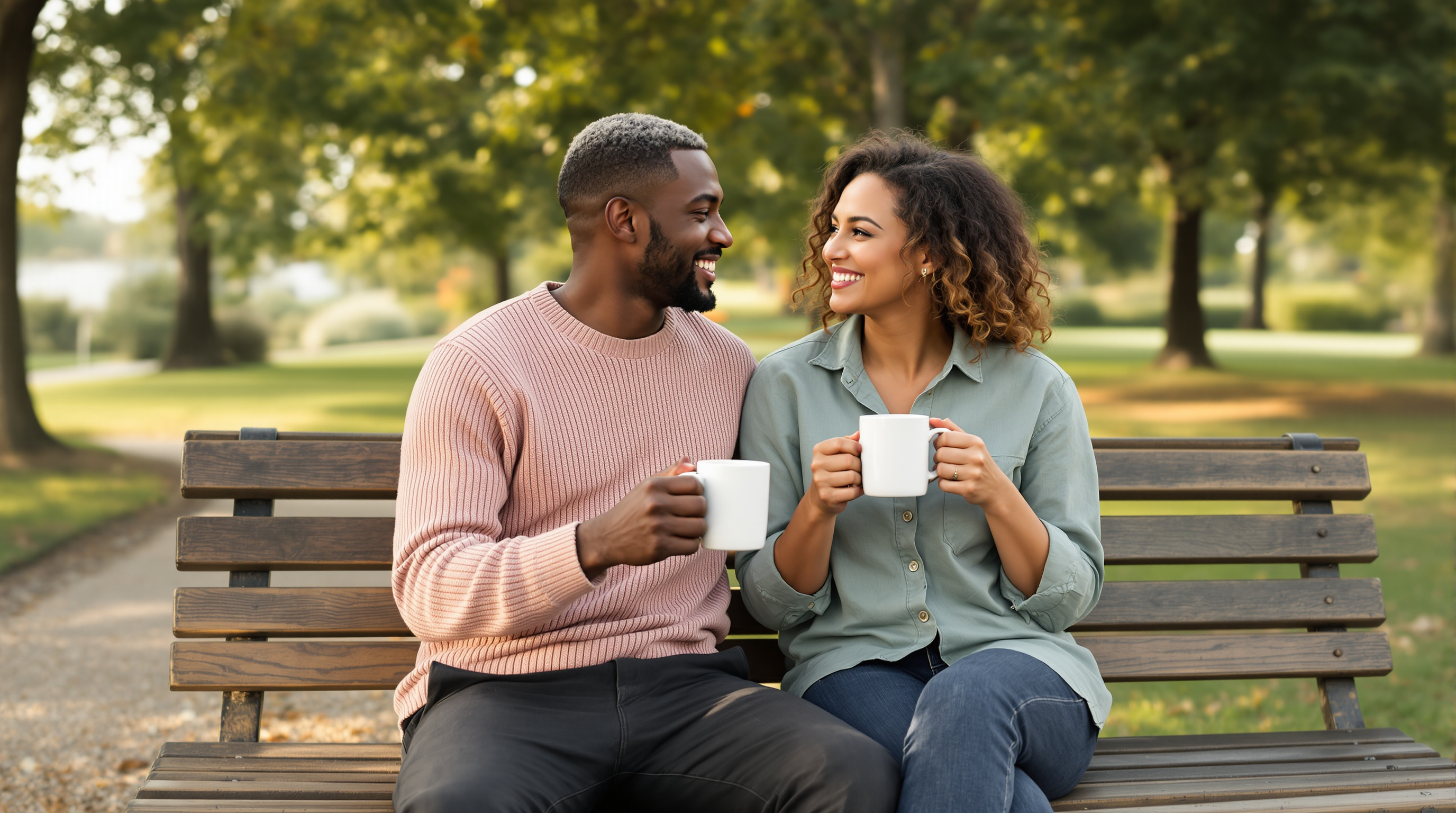 Two friends sit together on a park bench under trees with a plain mug