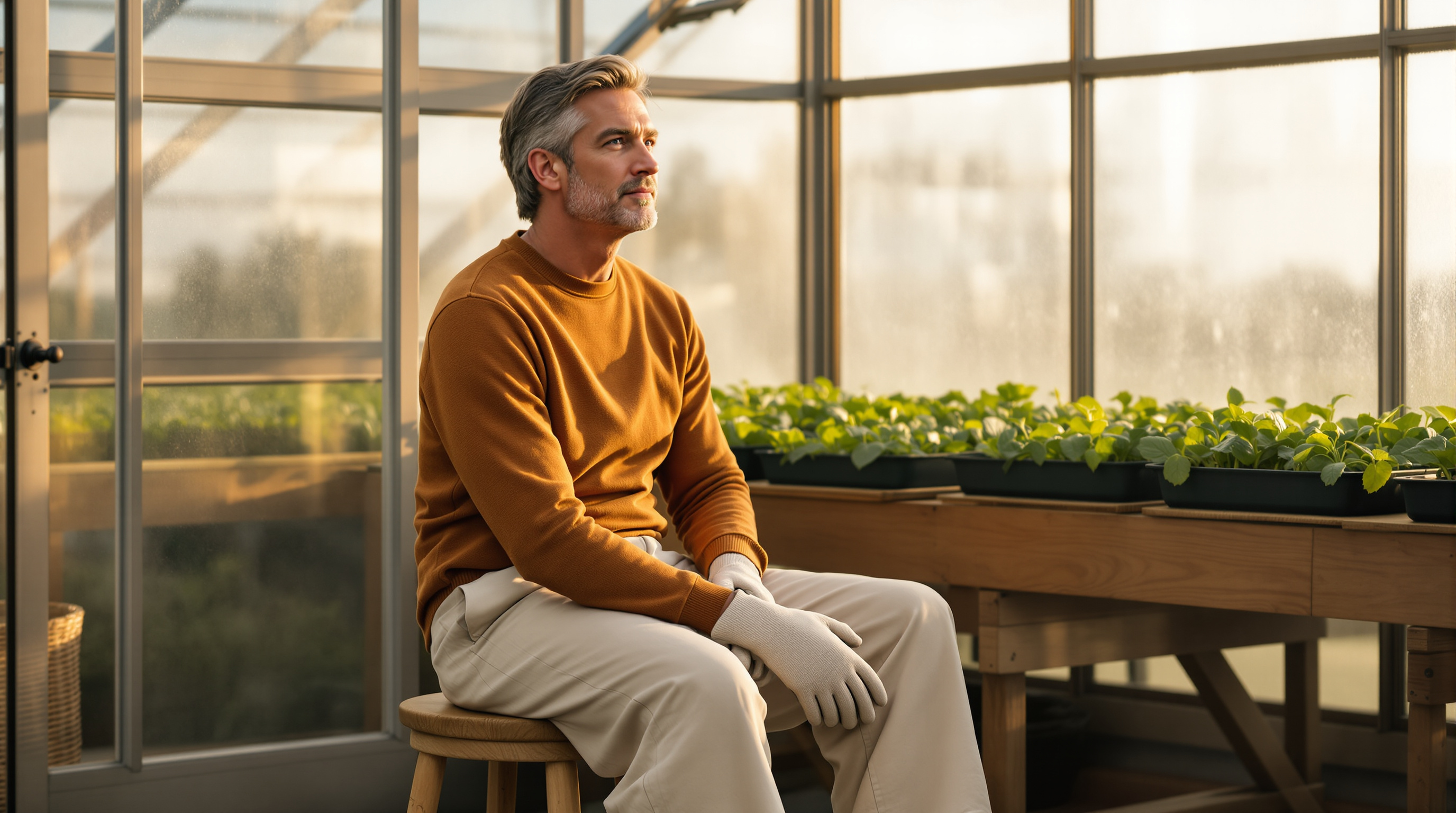 A man sits on a stool in a greenhouse holding gardening gloves