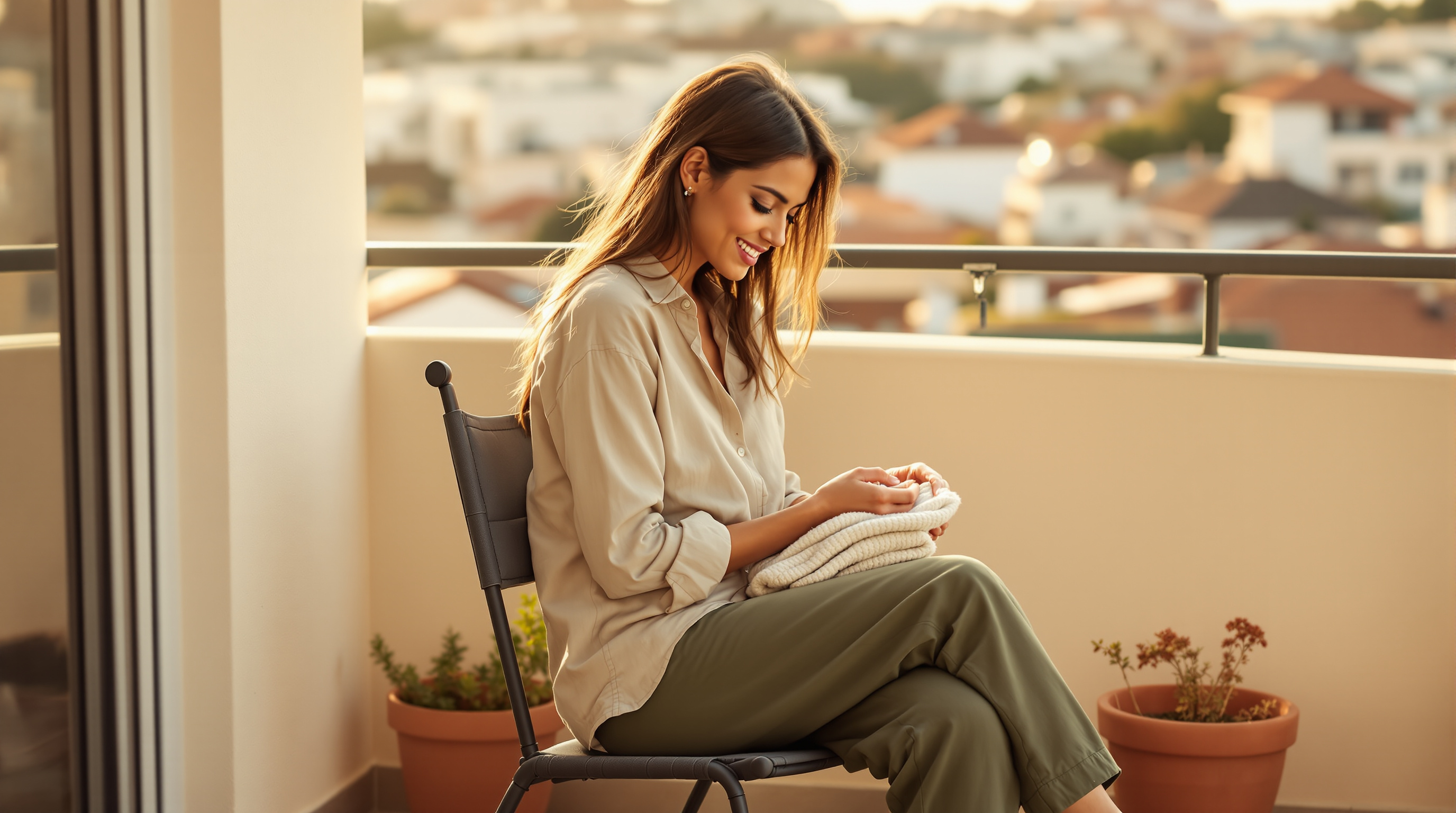 A woman sits on a small balcony with a folded scarf