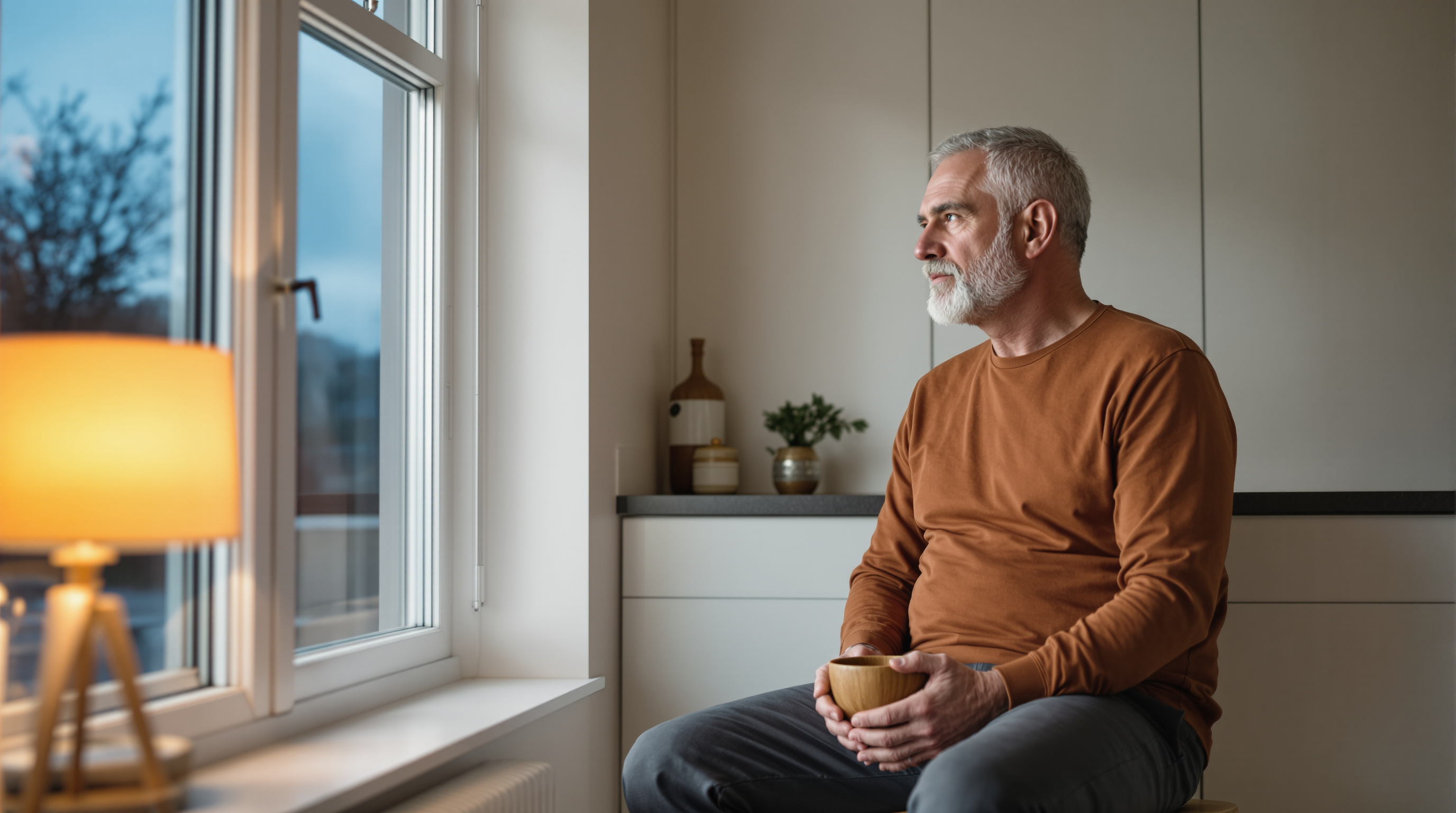 A man sits on a stool beside a kitchen window with a wooden bowl