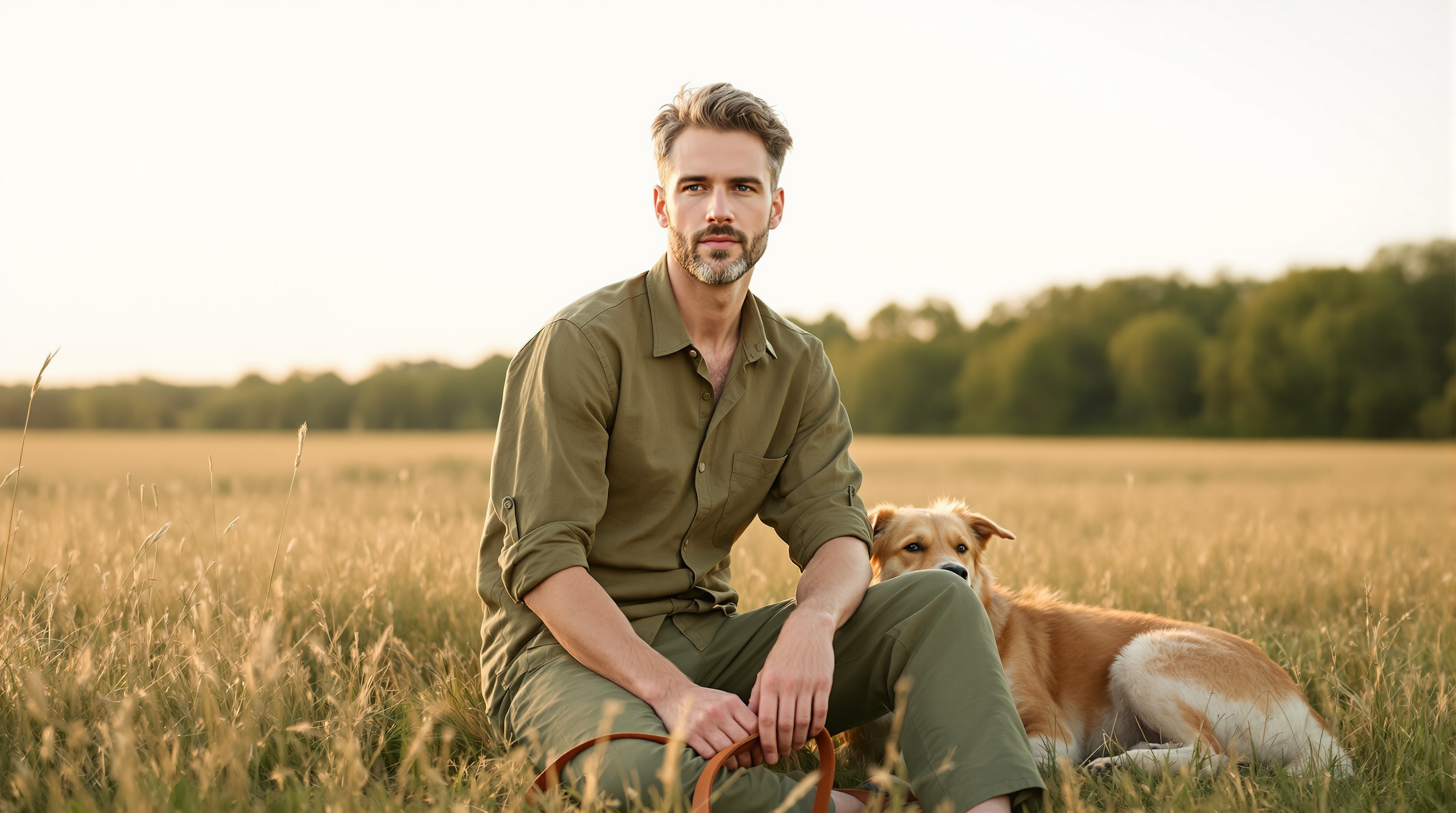 A man sits on the grass beside a dog in a meadow holding a dog lead