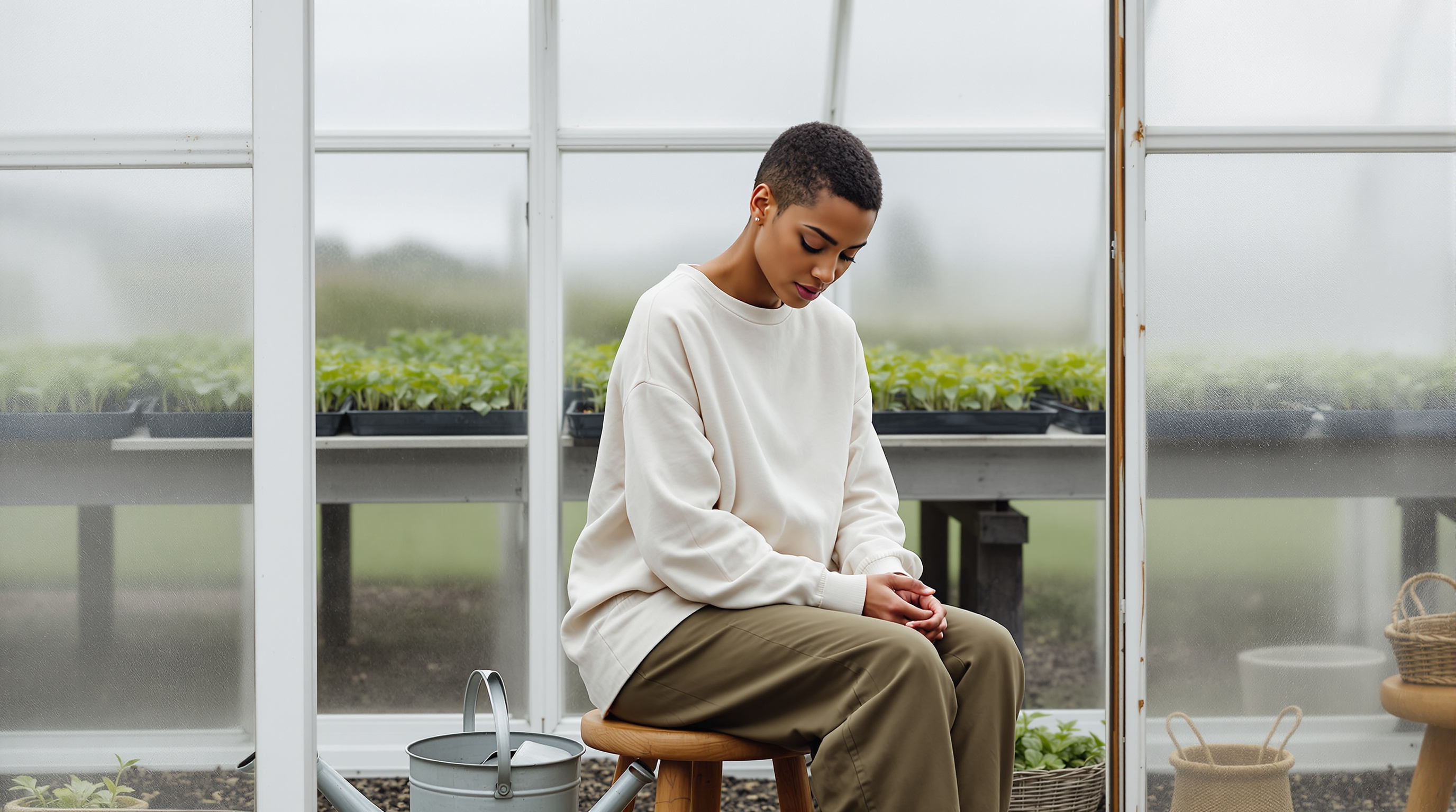 A woman sits on a stool in a greenhouse beside a watering can