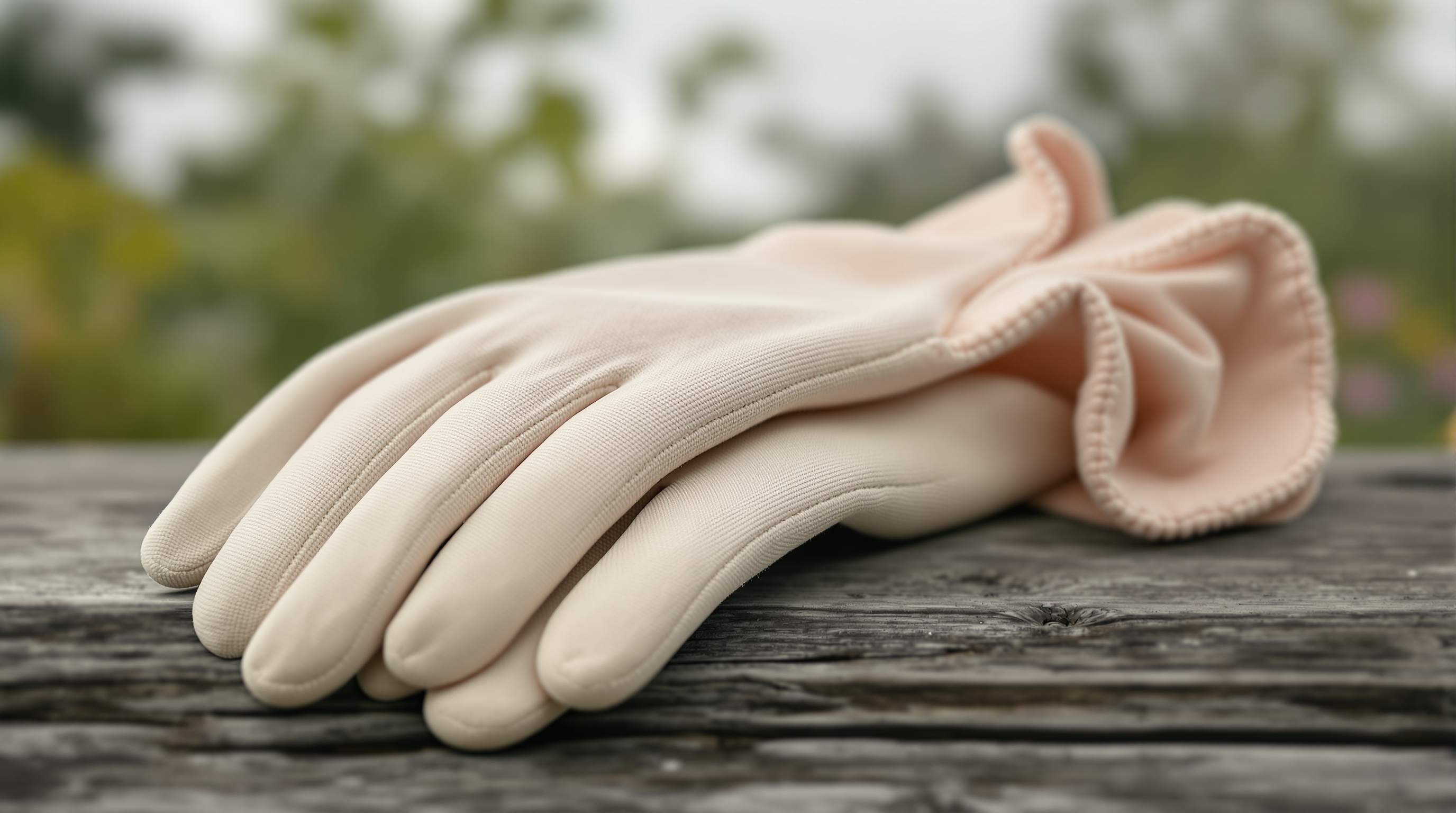 A pair of plain canvas gardening gloves on weathered wood, a close view