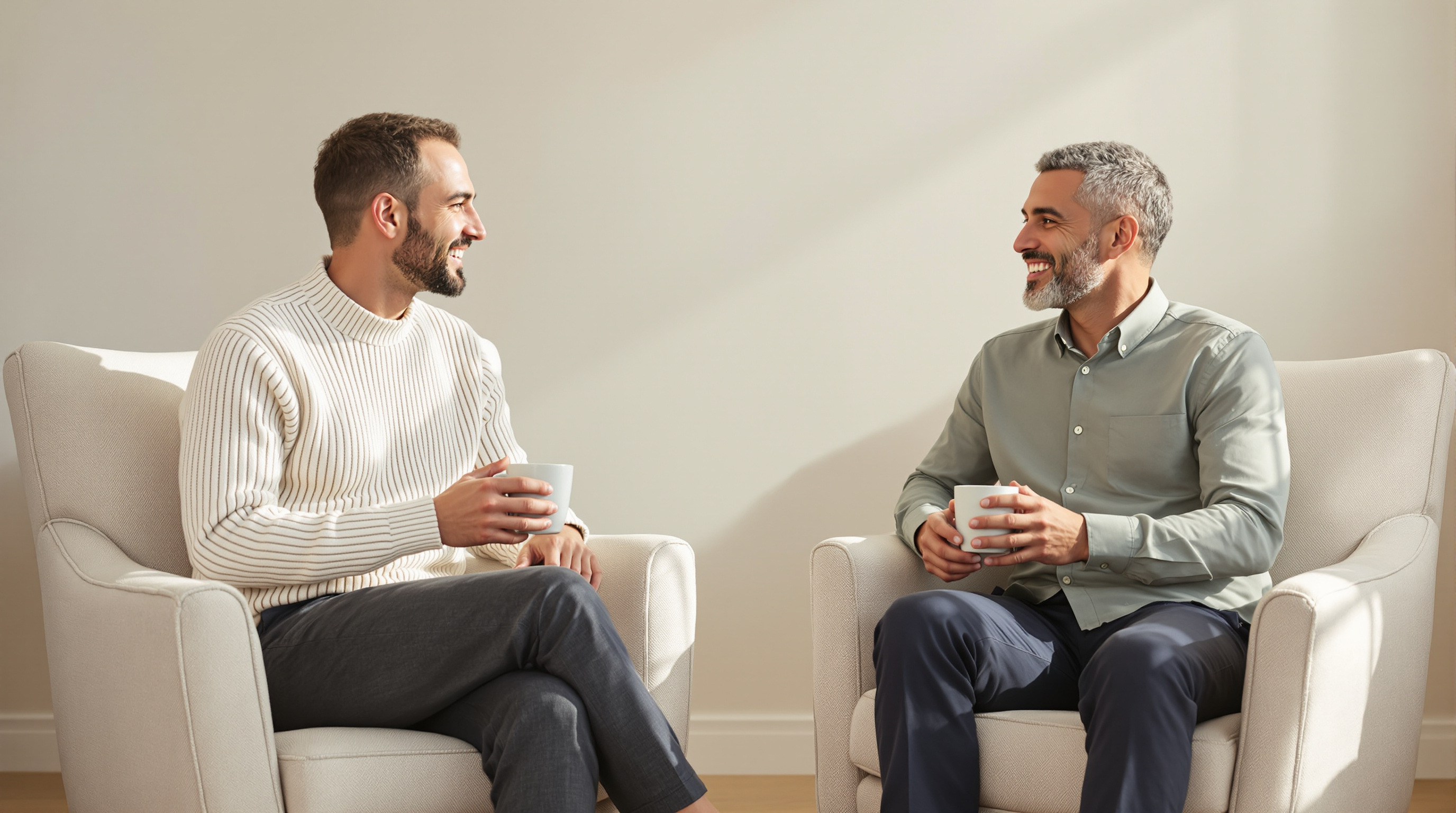 Two friends sit in armchairs with plain mugs during a quiet conversation