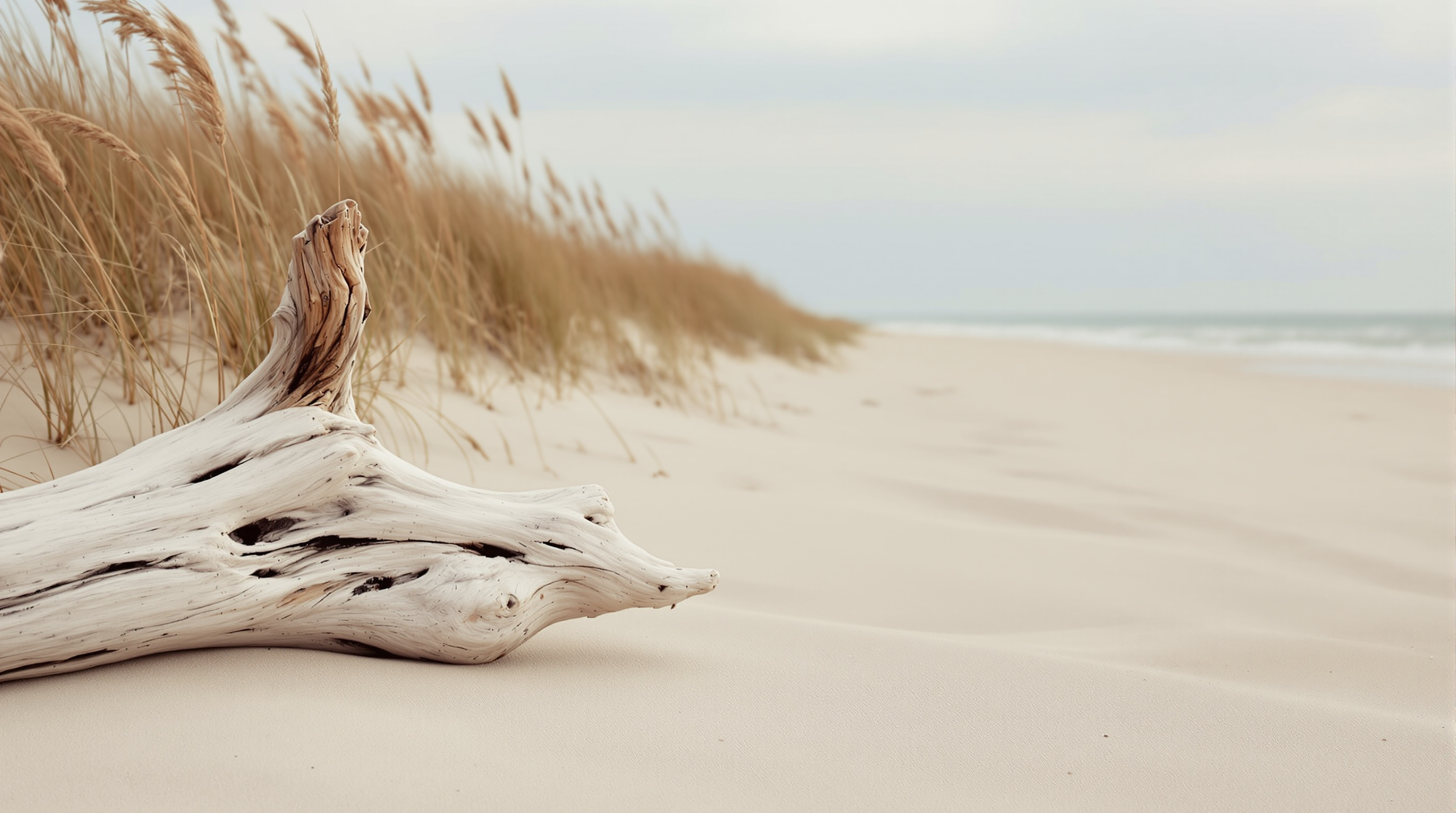 A driftwood log above a quiet beach